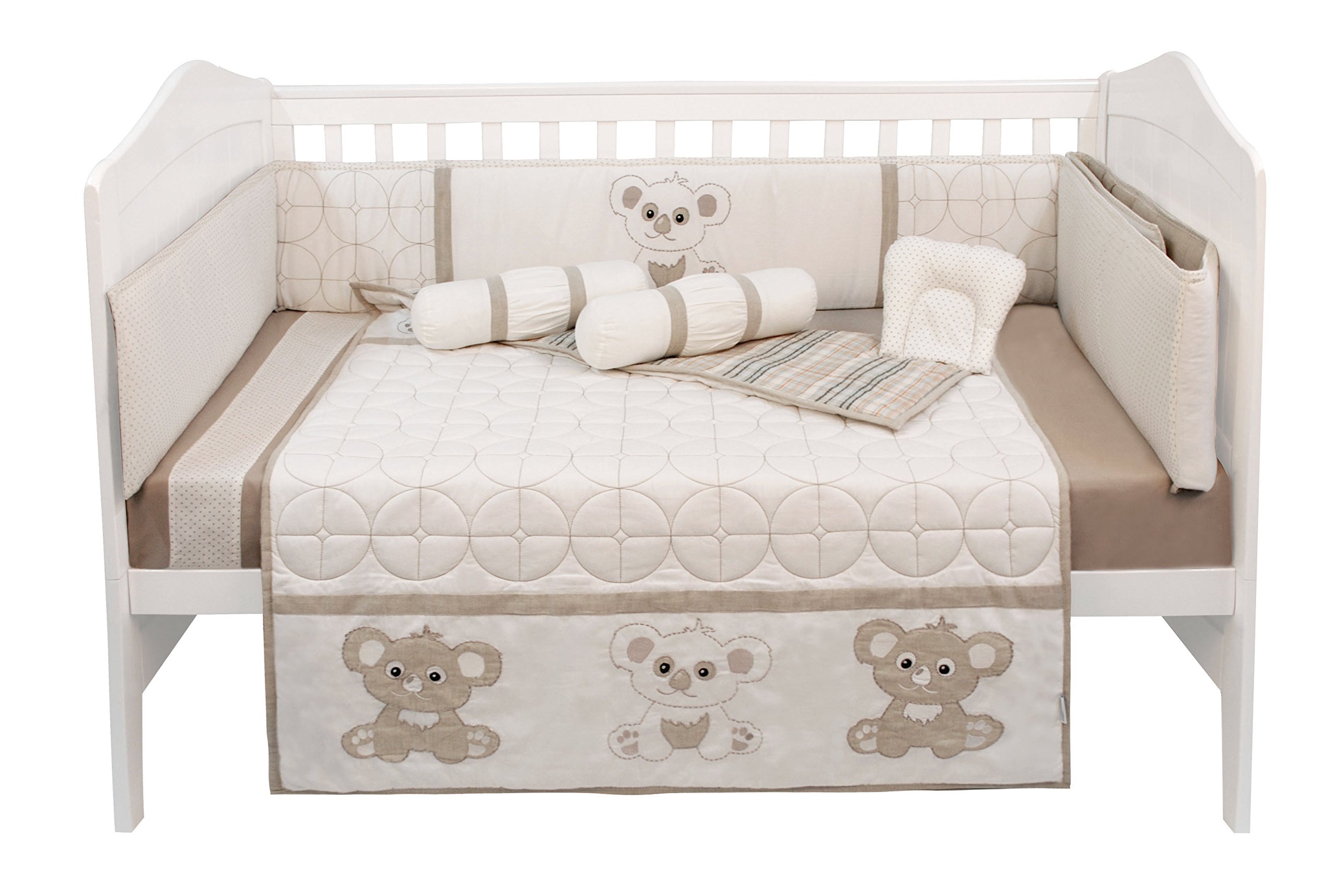 abracadabra 5-Piece Cotton Baby Cot Bedding Set, Includes a Quilt, Flat Sheet, Neck Pillow & Two Bolsters (Koala Bear) - Cream…