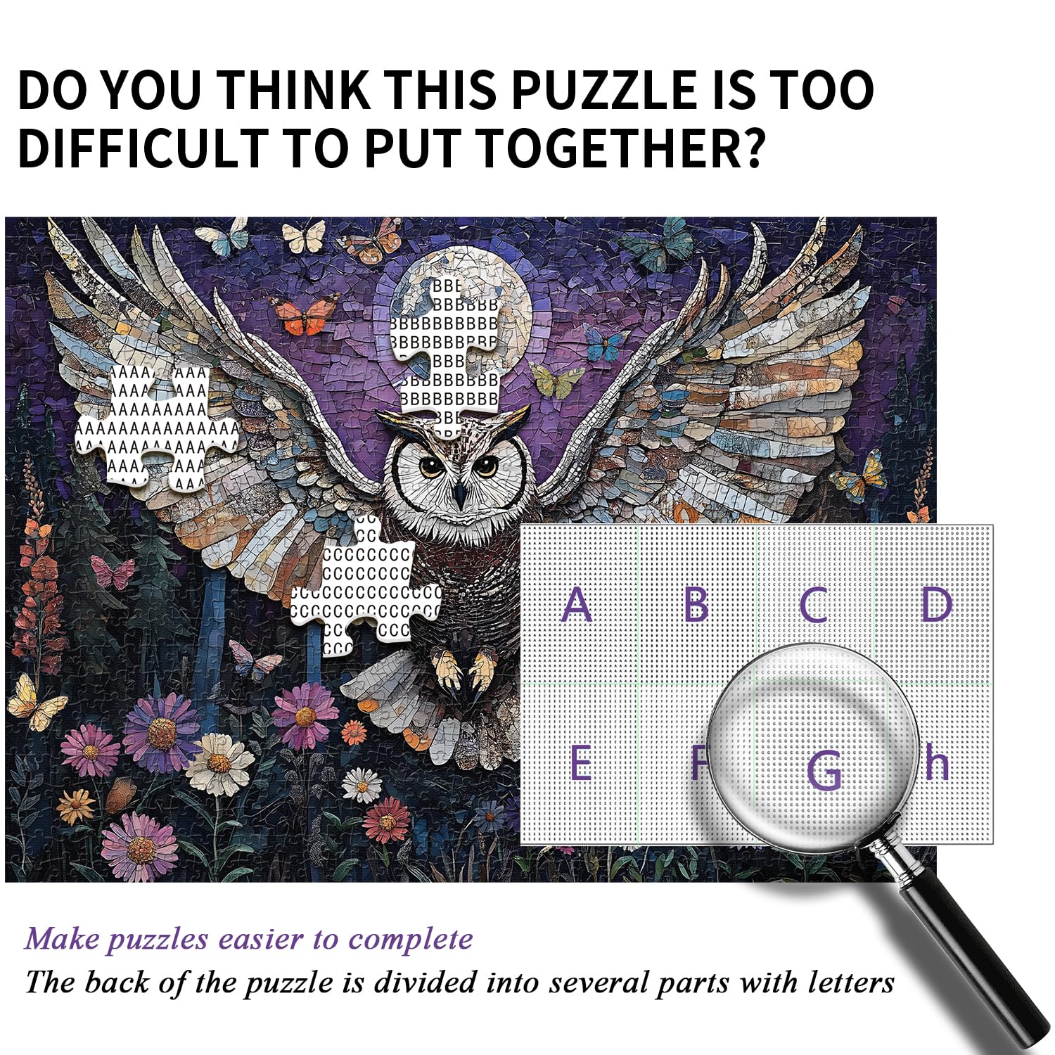 Mosaic Owl Puzzles for Adults 1000 Pieces, PICKFORU Wildflower Plant Forest Bird Puzzle, Impossible Unique Night Moon Flower Theme as Wall Decor - Image 4