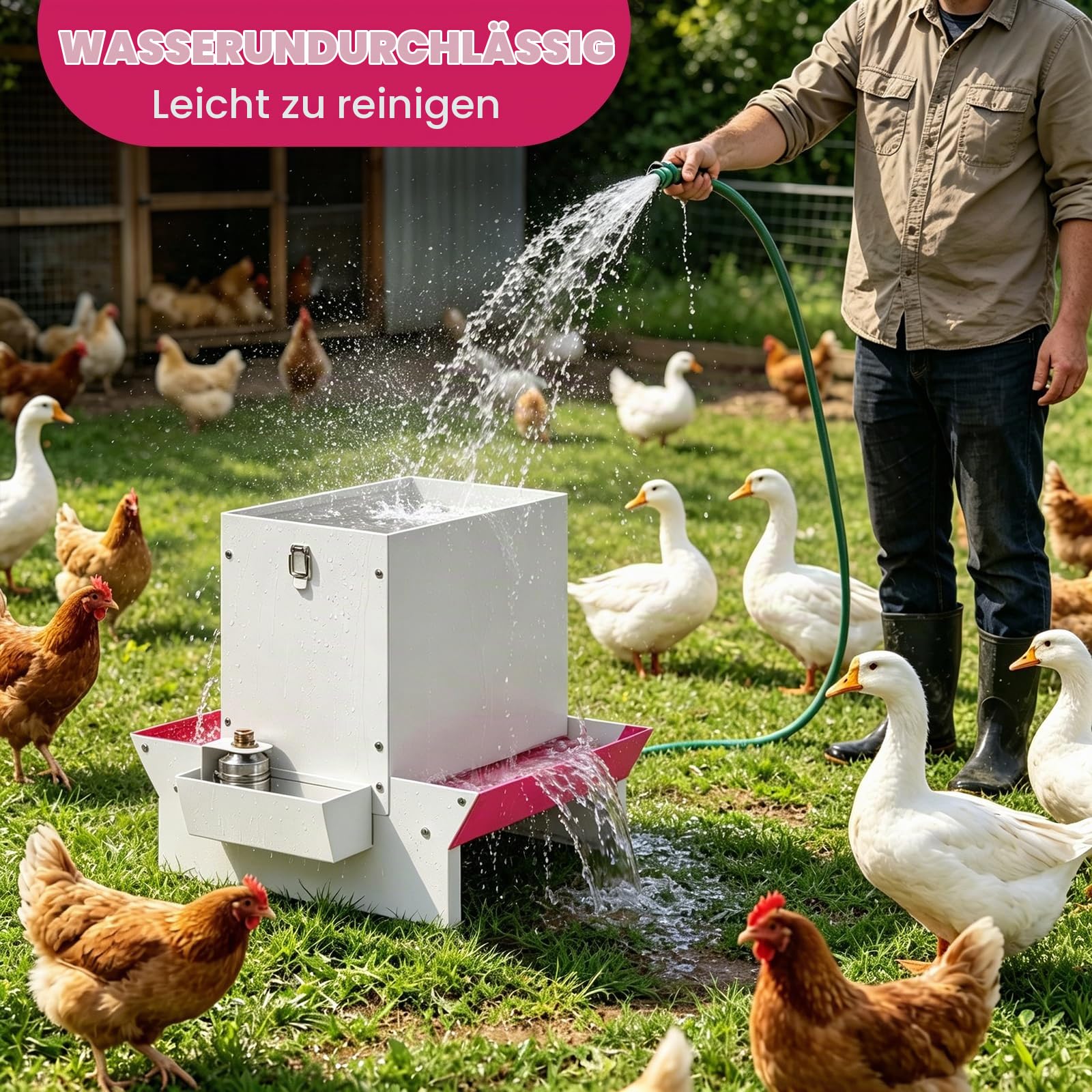 2in1 Geflügel Futter- & Wasserautomat, Metall Schwerkraft-Futterspender mit Tränke, Doppelseitiger Futtertrough für Hühner, Enten, Gänse, Tragbar mit Griff & Schloss