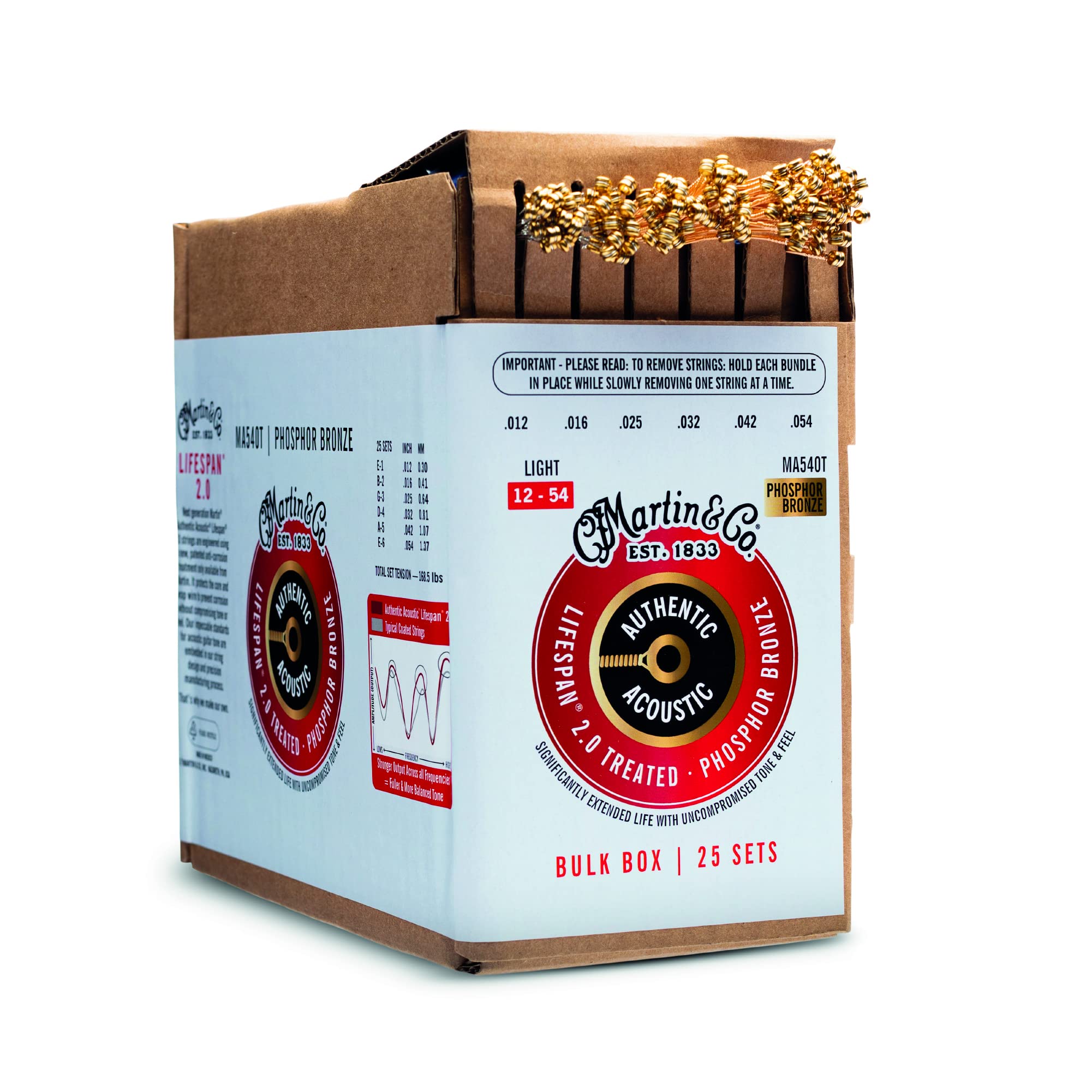 Martin Authentic Acoustic® Lifespan® 2.0 Guitar Strings – Phosphor Bronze, Light Gauge, Bulk Box (25 Sets) | Bulk Box for Acoustic Guitar Players, Techs & Repair Shops