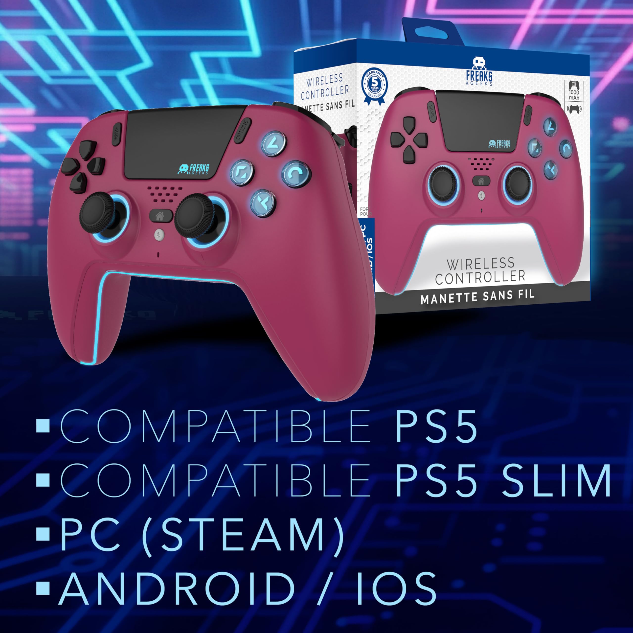 Freaks and Geeks-Manette Bluetooth pour PS5 LED Hall Effect - Cherry Red
