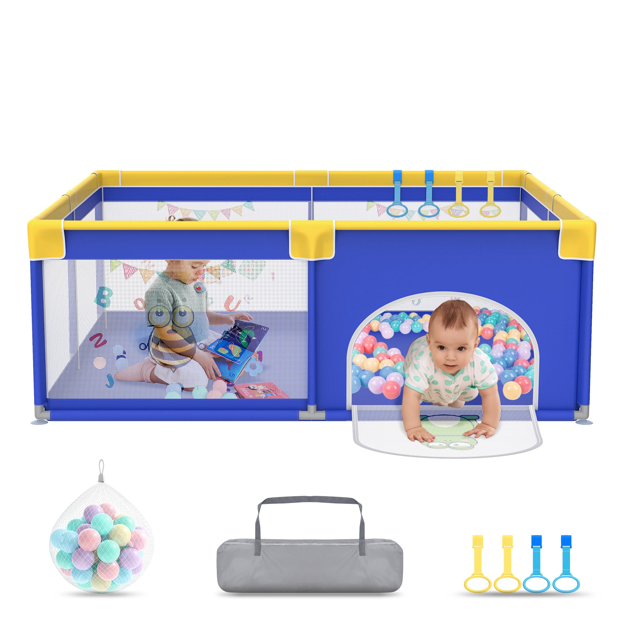 Froadp Kojec dla niemowląt Playpen, kojec dla dzieci z drzwiami, bezpieczny plac zabaw Oxford, kratka ochronna, z torbą do przenoszenia, piłkami i 4 pierścieniami do ciągnięcia (150 x 180 x 68 cm,