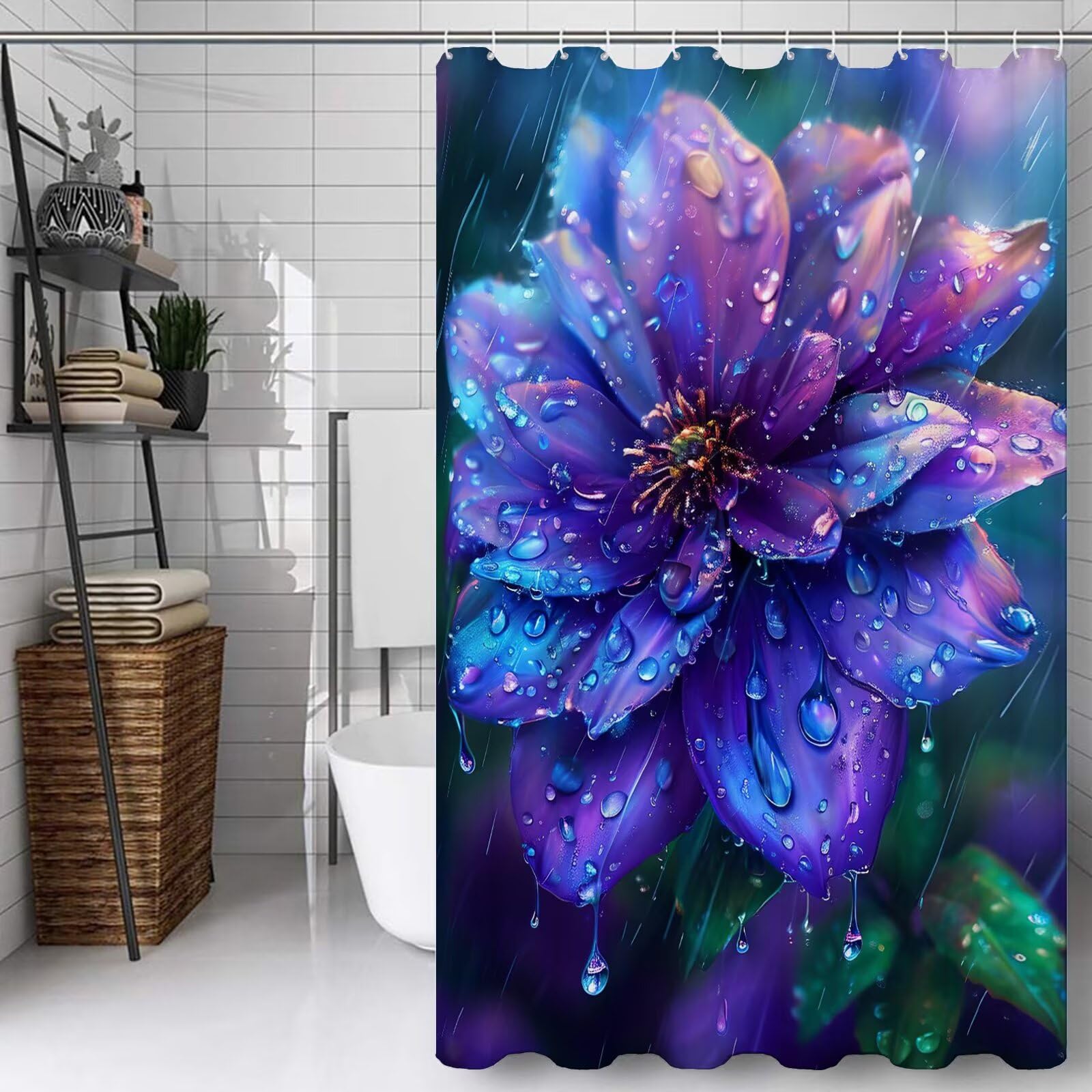 Rideau douche 150x210cm lavable en polyester violet fleur avec 12 crochets