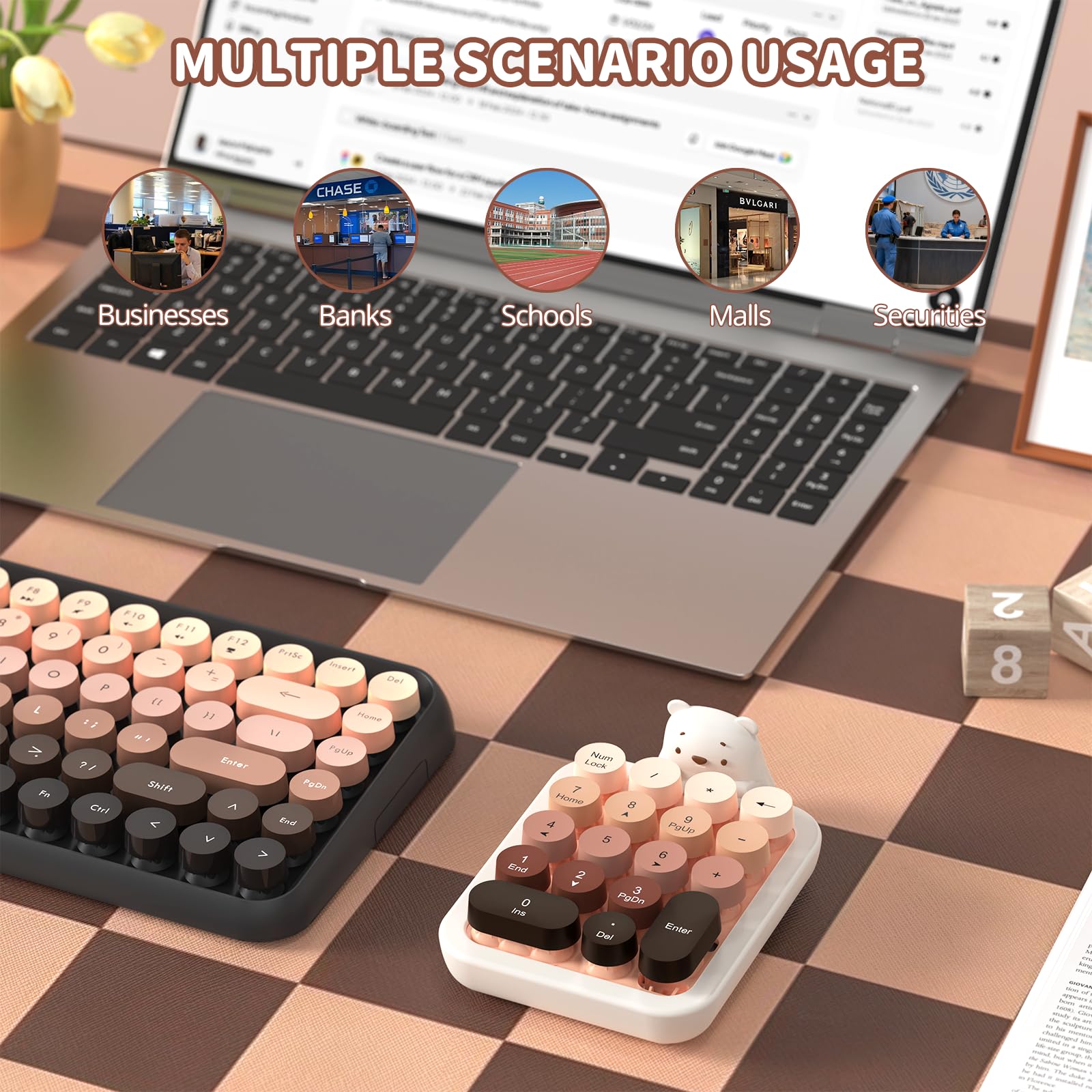 A.JAZZ AF18 Tastiera numerica wireless,mini tastierino numerico portatile 2.4G,layout compatto a 18 tasti con graziosa cover in silicone staccabile a forma di orsetto,per laptop/PC-Marrone sfumato