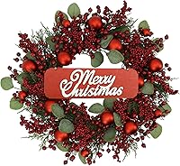 Vista 13 de YNYLCHMX Corona de Navidad de 20 pulgadas para puerta delantera, corona de invierno con letrero de bienvenida, hojas de eucalipto, bayas rojas