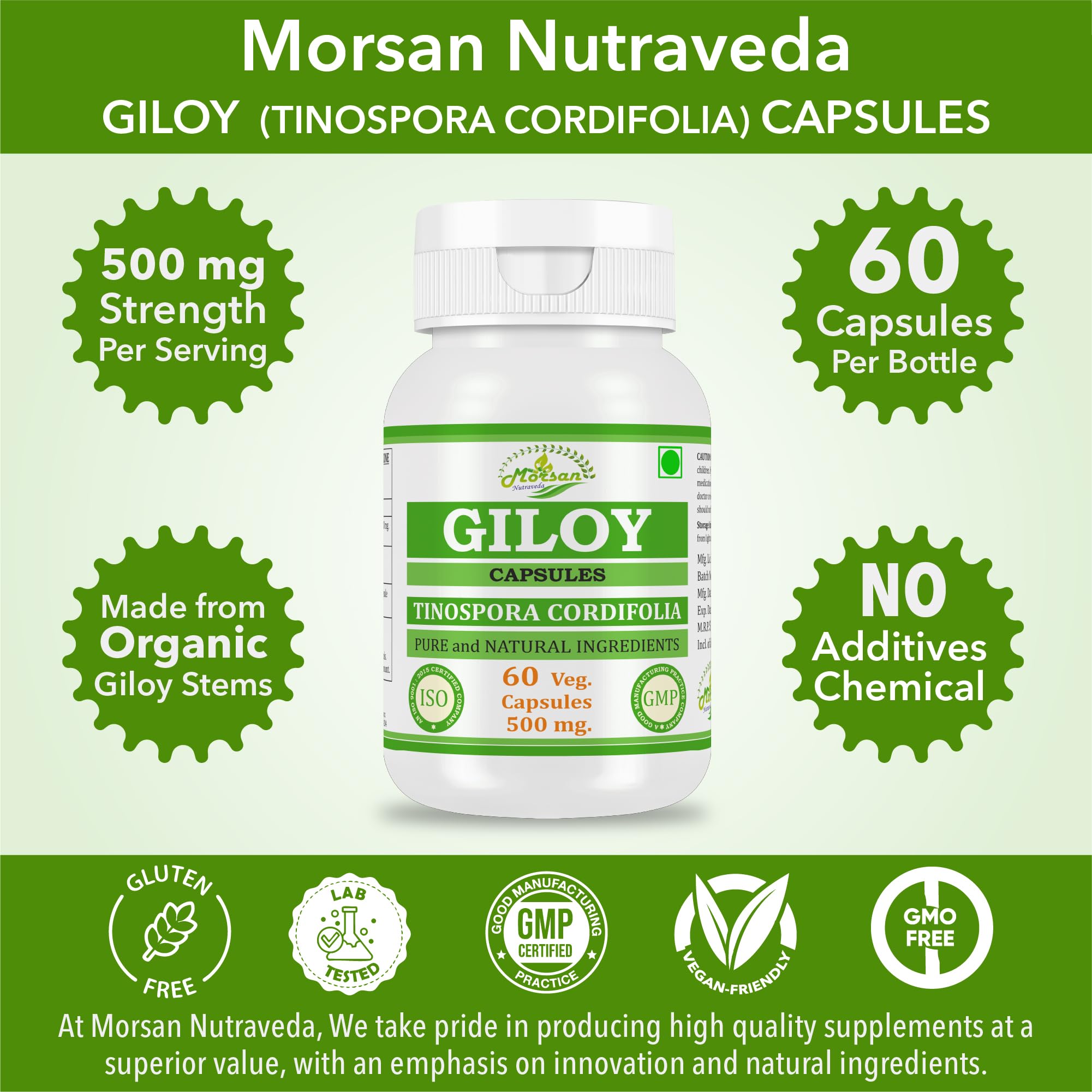 Giloy-Kapseln 500 mg. 60 Veganer. Einheiten | Guduchi (Tinospora Cordifolia) Extrakt-Kapseln für Männer und Frauen | Ayurvedische Kräuterergänzung/Heilmittel | 10:1 Stärke (2 Flasche mit 60 Kapseln)
