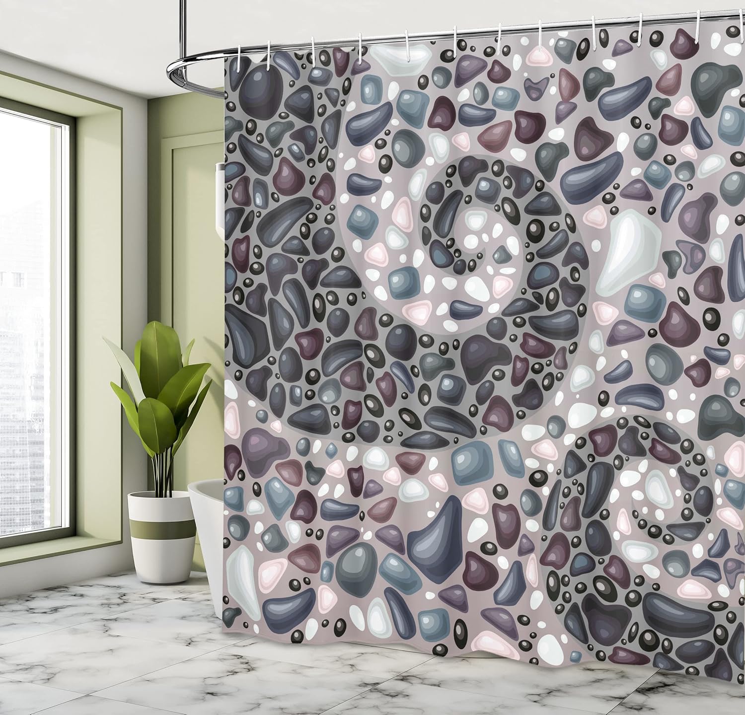 Ambesonne Nature Shower Curtain, Garden Mountains Volcanic Stones Image of Pebbles on Cement Print, Cloth Fabric Bathroom Decor Set with Hooks, 69" W x 70" L, Slate Blue Dimgray