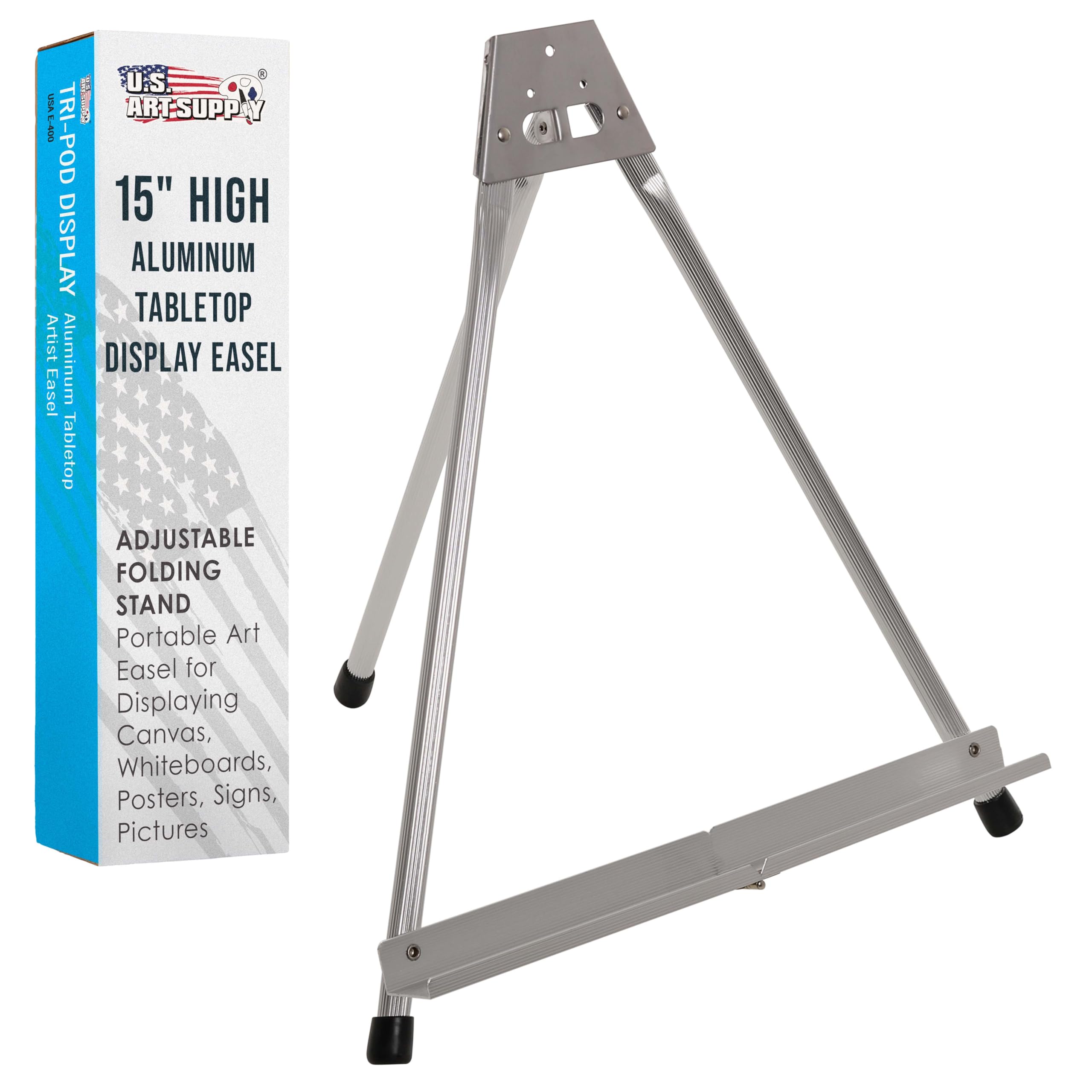 U.S. Art Supply 15" High Aluminum Tabletop Display Easel for Painting, Adjustable Folding Stand - Portable Art Easel for Displaying Canvas, Whiteboards, Posters, Signs, Pictures, Paintings