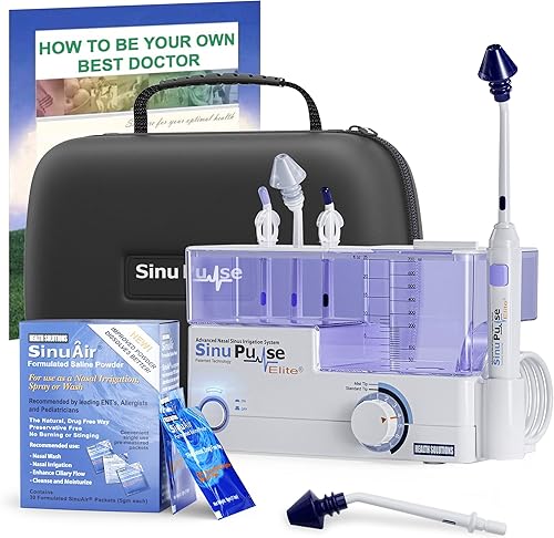 SinuPulse Elite Advanced Sistema de riego nasal, máquina de enjuague sinusal pulsante con 60 paquetes SinuAir, punta de irrigador sinusal adicional,