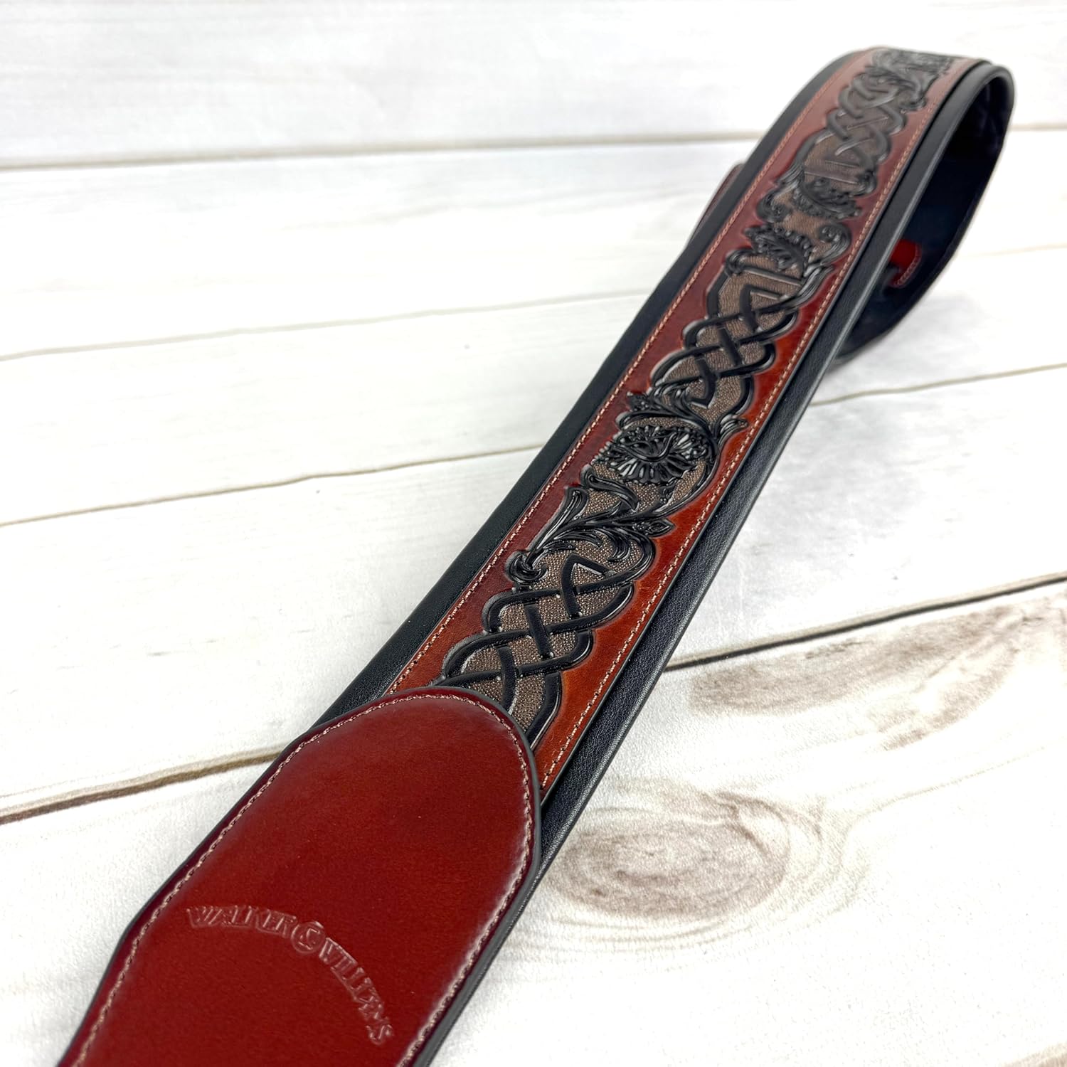 Walker And Williams KB-08 Whiskey Tan And Brown With New Black Celtic Knot Artwork Full Grain Carving Leather Padded Guitar Strap For Acoustic, Electric, And Bass Guitars