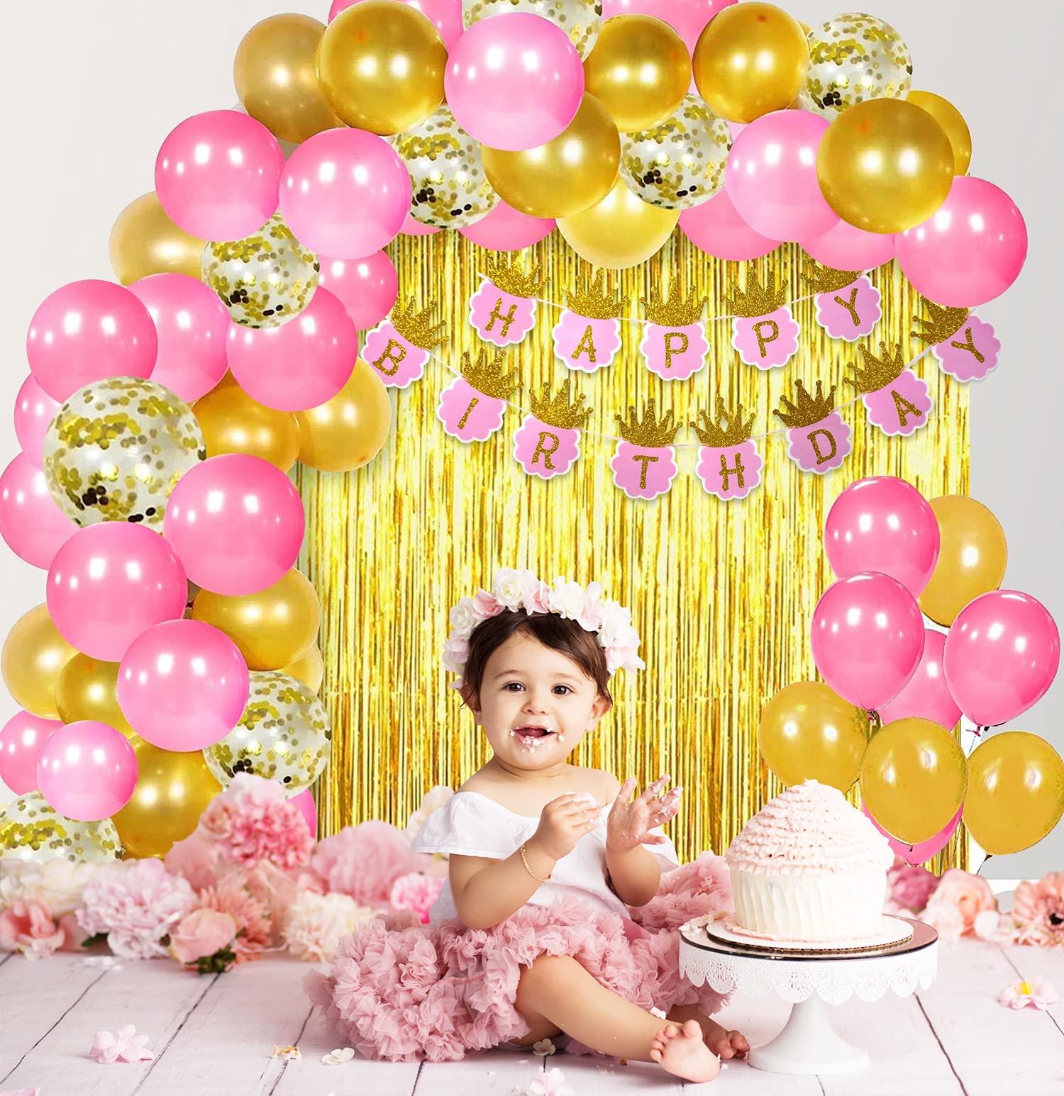 Party Propz Pink Happy Birthday Decoration Kit for Girls 46pcs Combo Banner (cardstock) Golden Foil Curtain Balloon Metallic Confetti Girls Birthday Decoration Items/Kids Birthday Decoration Items 4