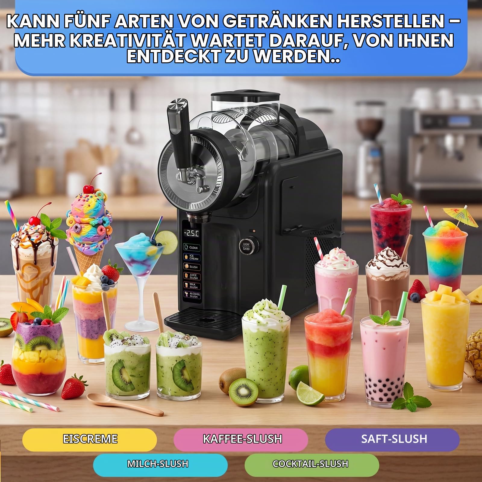 Slush Maschine,slushie maschine 2L Softeismaschine,Slushie Maschine für Zuhause,Maschine mit LED-Display,6 voreingestellte Programme für Eiscreme, Smoothies, Milchshakes, Slush-Cocktails und Margarita