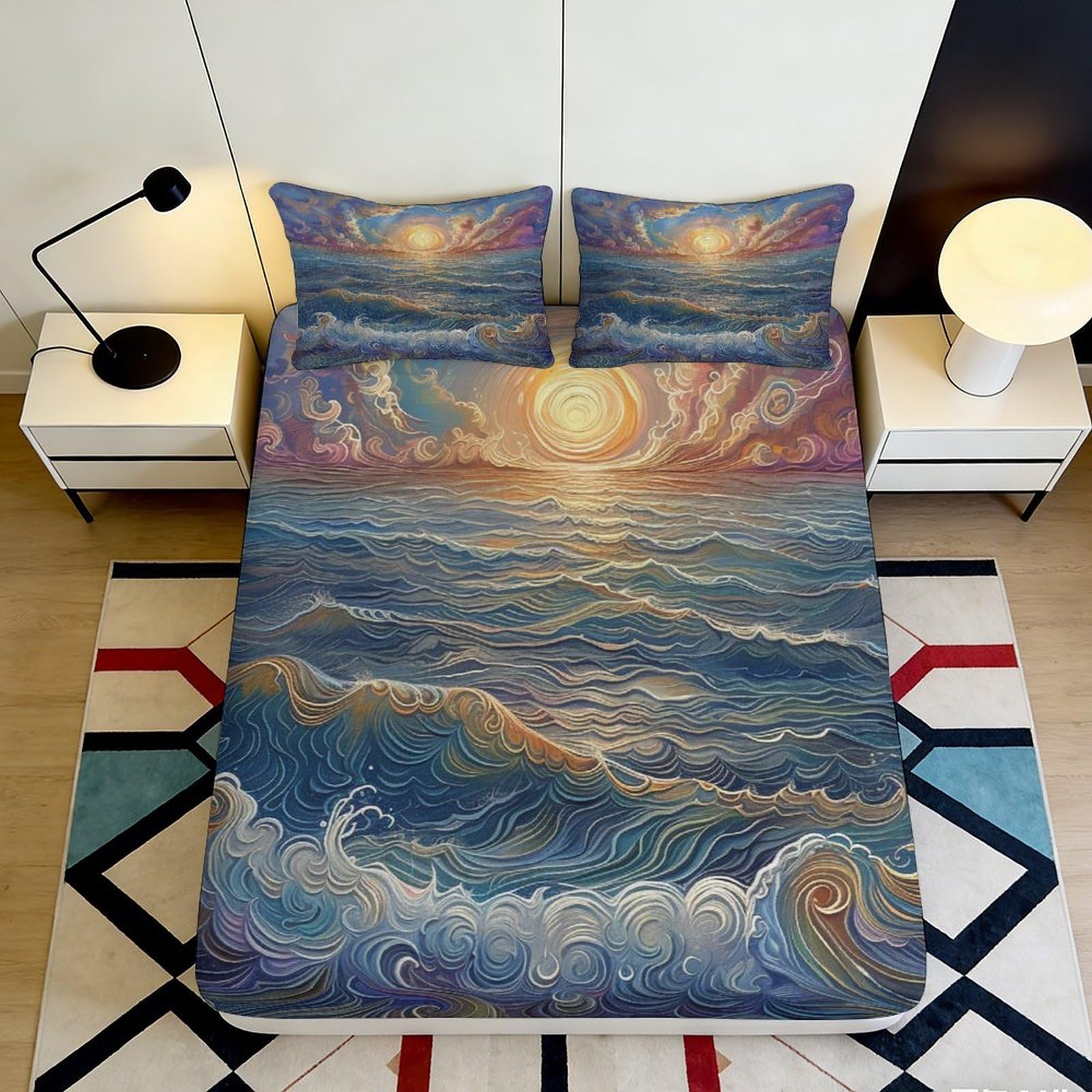 3D Printed Ocean Sunrise Fitted Sheet Microfiber Bedroom Bedding Deep Pocket Non-Slip Ocean Mattress Fitted Cover Washable 90x200x25cm