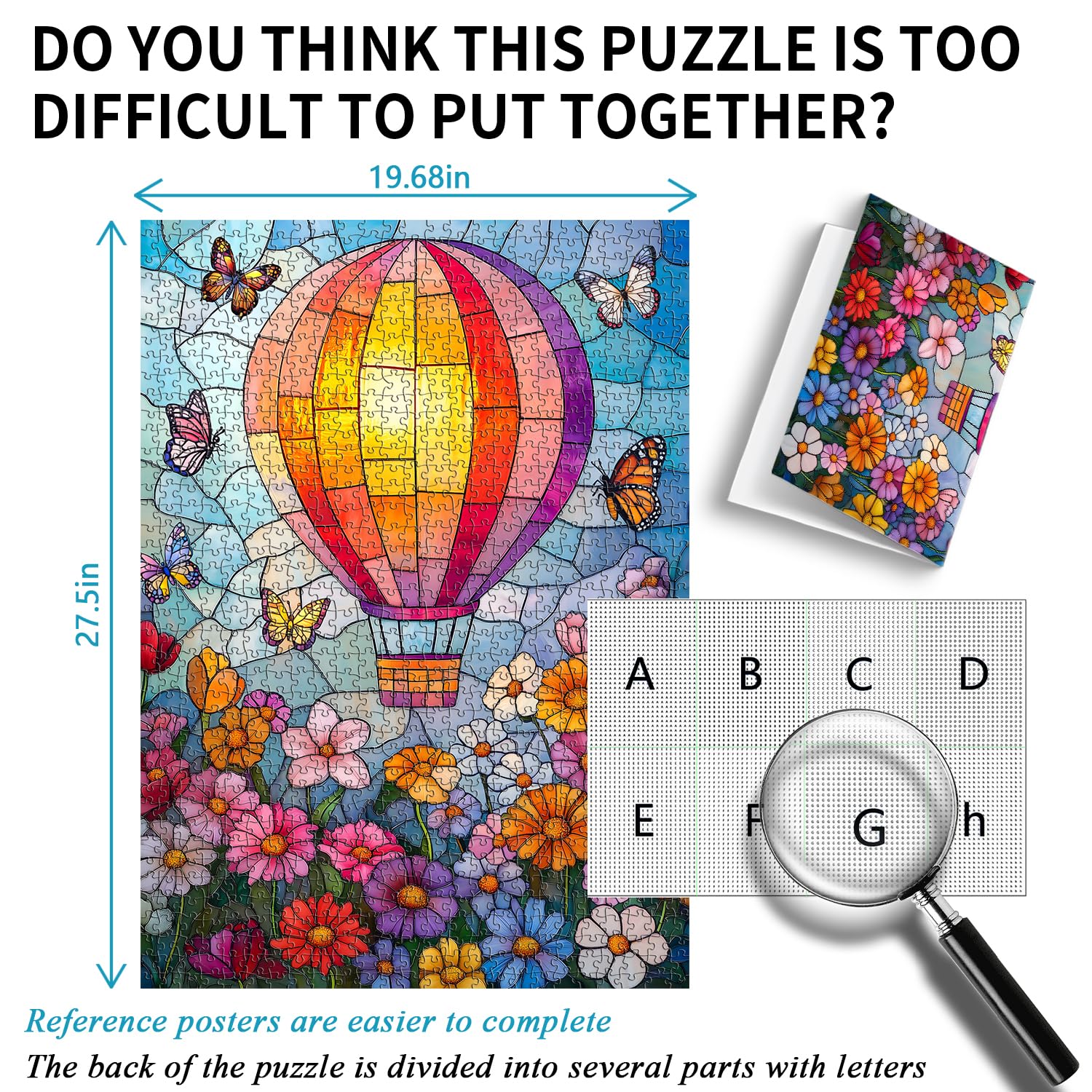 PICKFORU Stained Glass 1000 Piece Jigsaw Puzzle – Colorful Hot Air Balloon & Butterfly Garden Theme For Adults