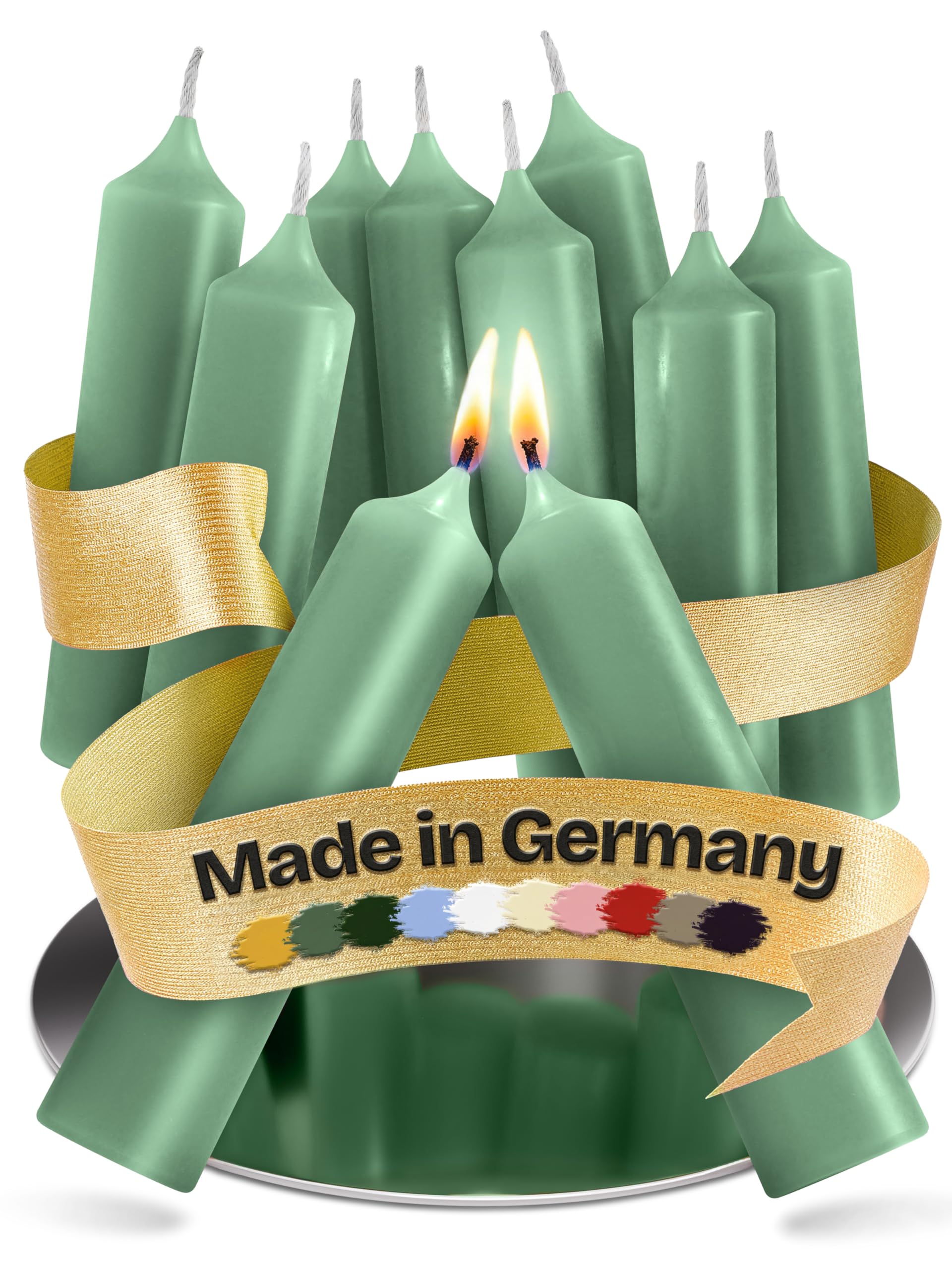 Kerzenfeld® 10 Stück, Kurze Stabkerzen Salbeigrün, 100 x 22 mm, 2-fach getaucht, lange Brenndauer 4+ Stunden, echte Manufakturqualität aus Deutschland, RAL-Zertifiziert und tropffrei