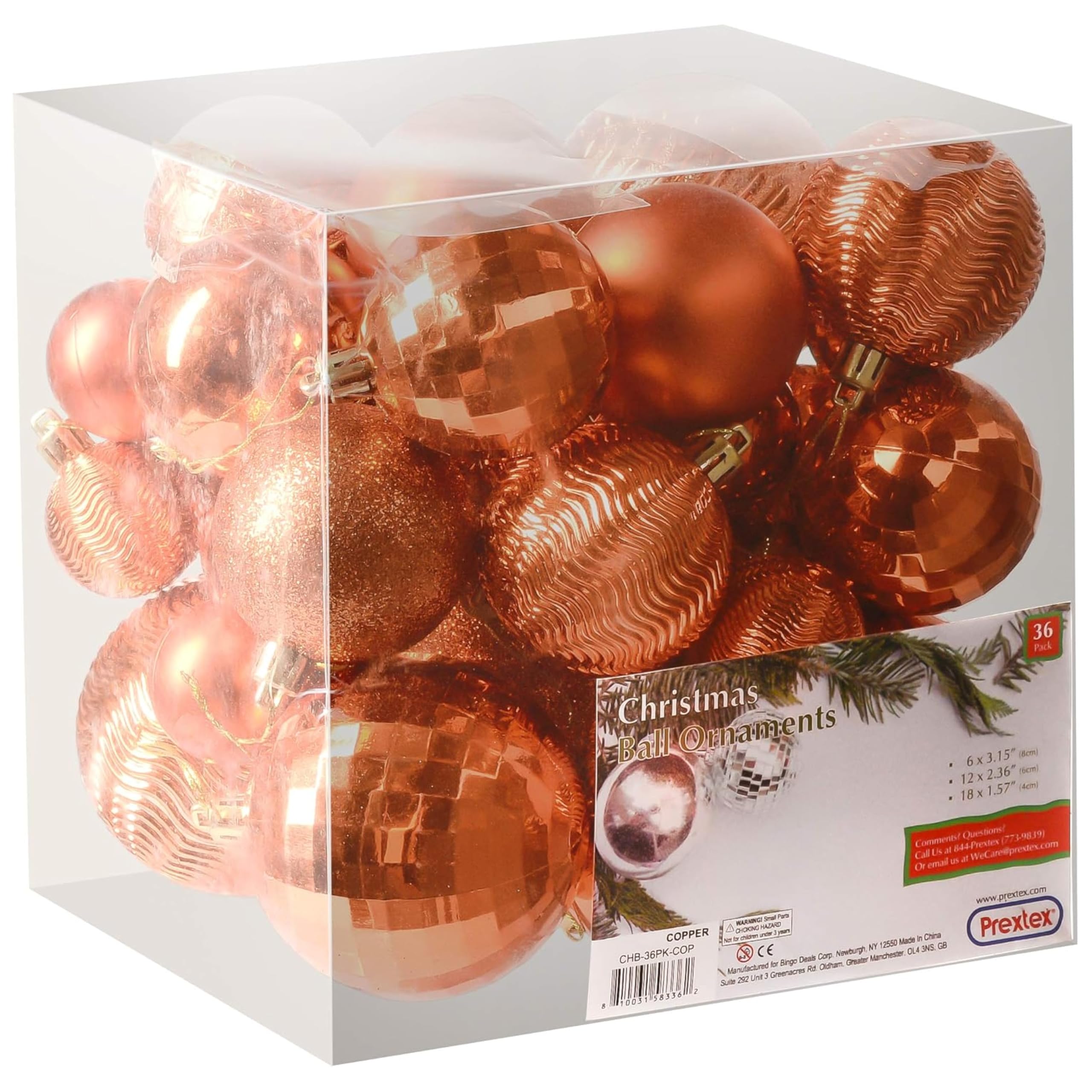 PREXTEX Copper Orange Shatterproof ornaments in box and on white background | Mubboo