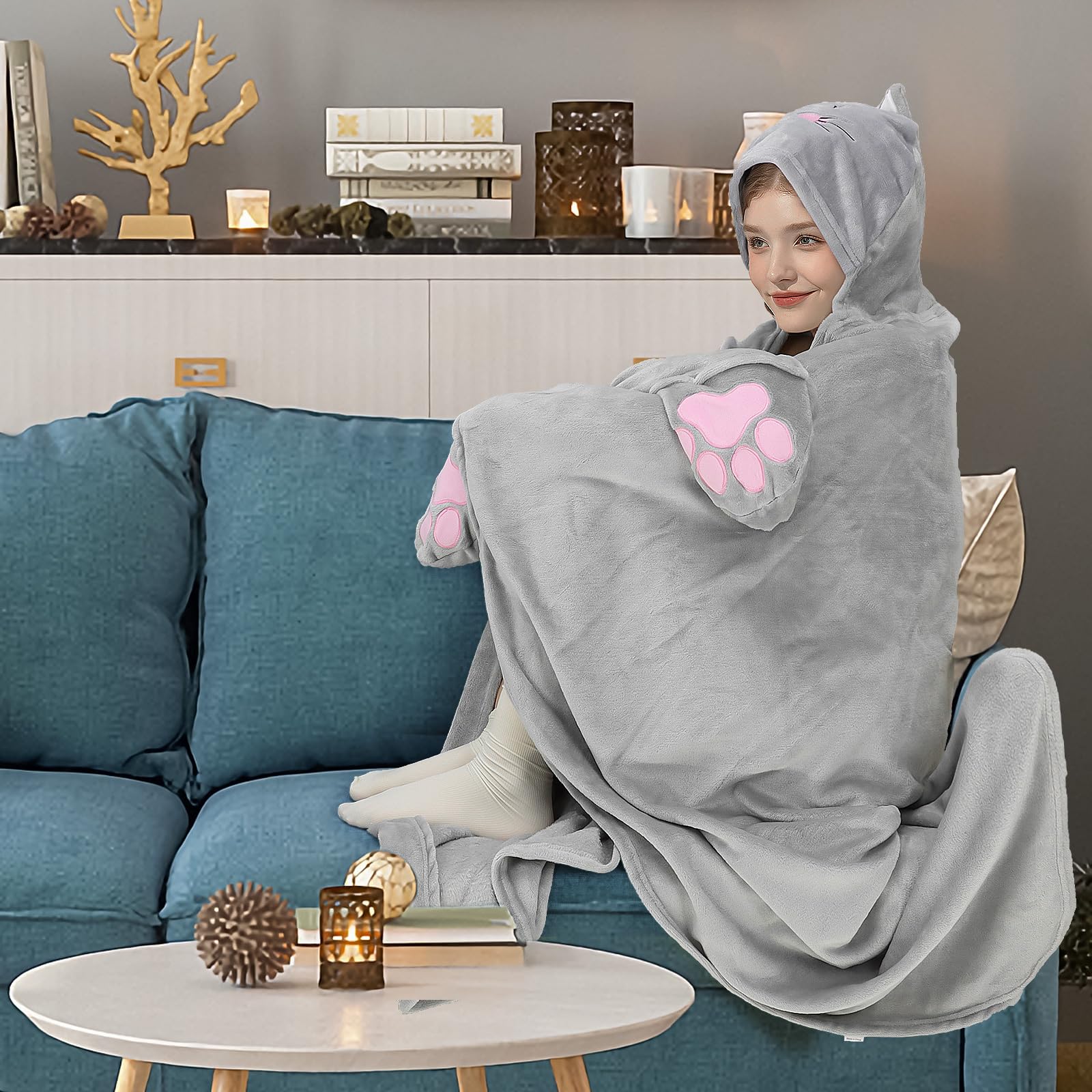 MSISILY Coperta con Maniche, Coperta Indossabile con Cappuccio Donna, Plaid con Maniche Donna Uomo, Plaid Divano 160x130cm - Grigio Gatti