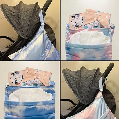 Miniatura 7 de SMALLKE Bolsa húmeda, paquete de 2 bolsas de pañales de tela húmeda y seca para bebé, impermeable, lavable, reutilizable para viajes, cochecito,