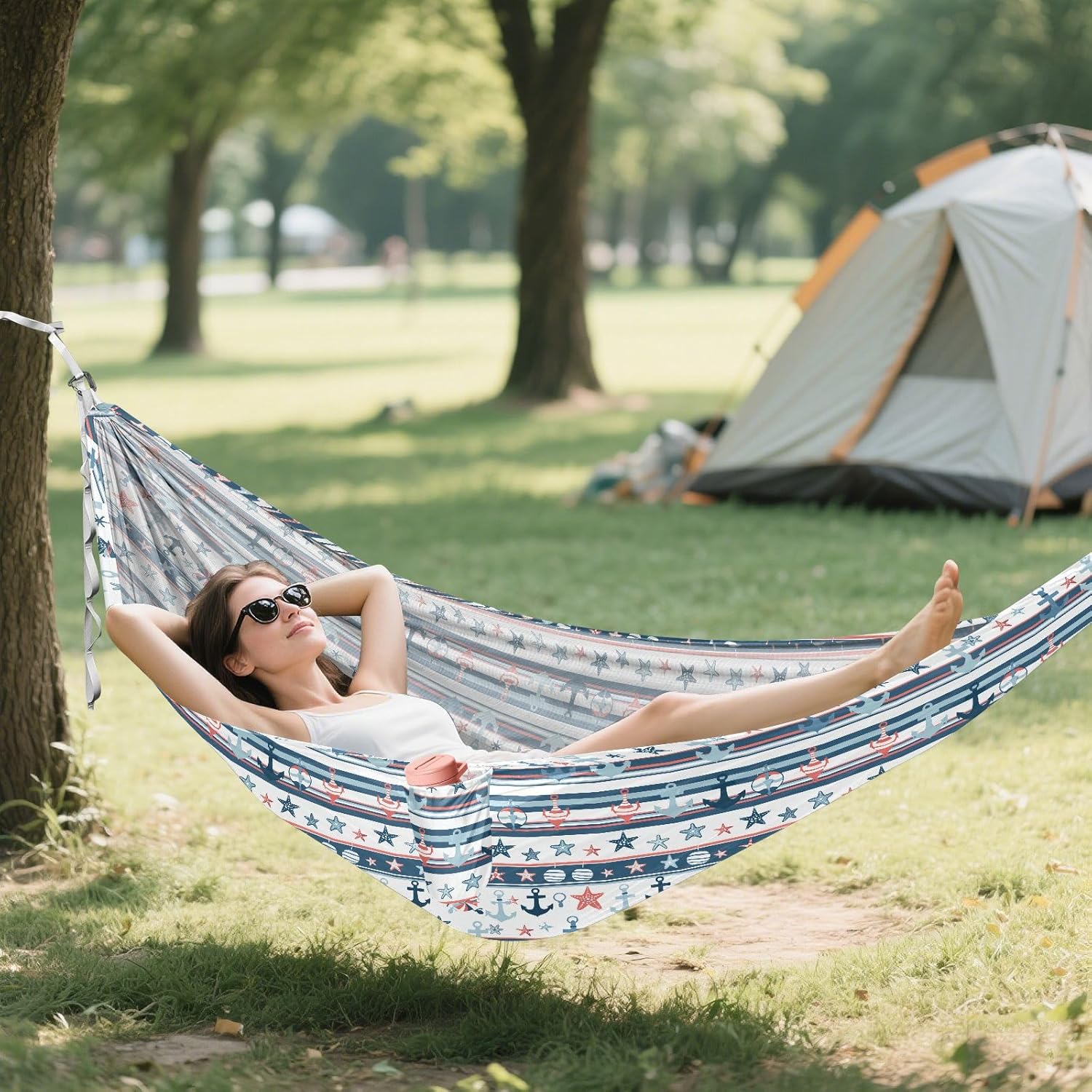 ALAZA Seafish Anchor Stripe Camping Hammocks Single or 2 Person 500 lbs Portable Parachute Travel Hammock w/Tree Straps for Hiking Backpacking Indoor Outdoor