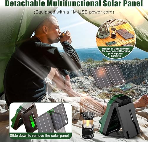 Miniatura 8 de Ventilador de camping portátil de 26800 mAh recargable, ventilador solar 2 en 1 alimentado por batería con panel solar desmontable, rotación de 270