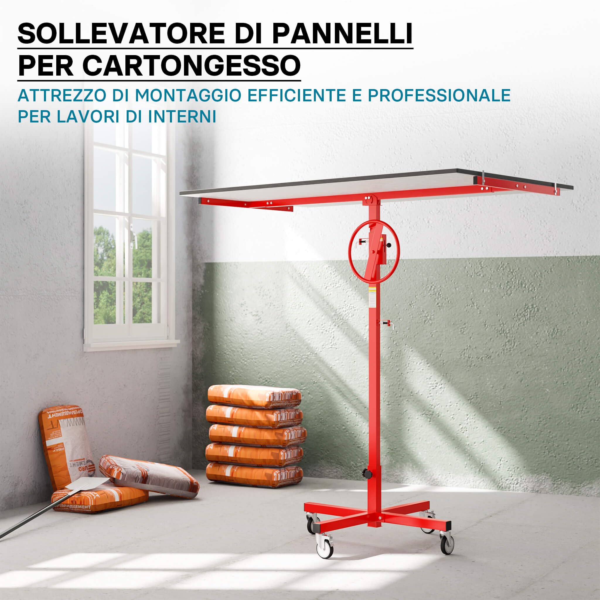 XPOtool Alzalastre per cartongesso fino a max. 40 kg, altezza 170-290 cm, ausilio di montaggio per cartongesso, sollevatore per pannelli a 4 ruote con freno di stazionamento