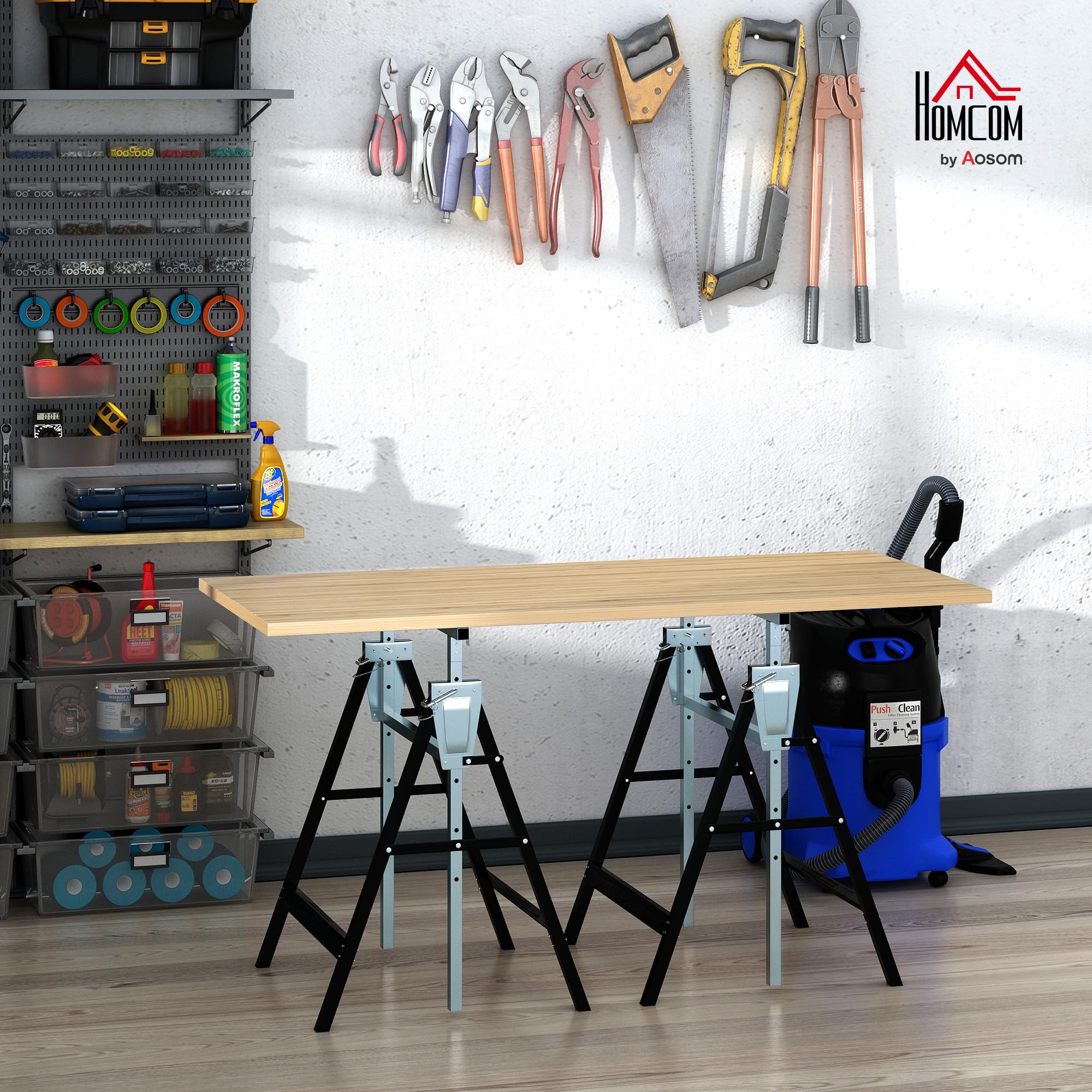 HOMCOM Set of 2 Adjustable Telescopic Builders Trestle, DIY Steel Work Bench Carpenter, Folding Saw Horse Tools Black - 2