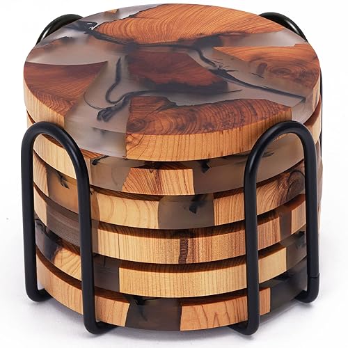 Drink Coaster Set, Wooden Absorbent Coasters, Epoxy Resin Coaster for