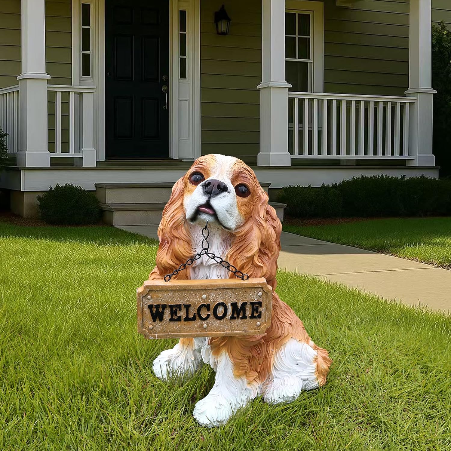 Cavalier King Charles Spaniel Statue Outdoor Decorations – Dog Statues Outdoor Blenheim Cavalier King Charles Spaniel with Replaceable Solar Light & Welcome Sign for Lawn Décor