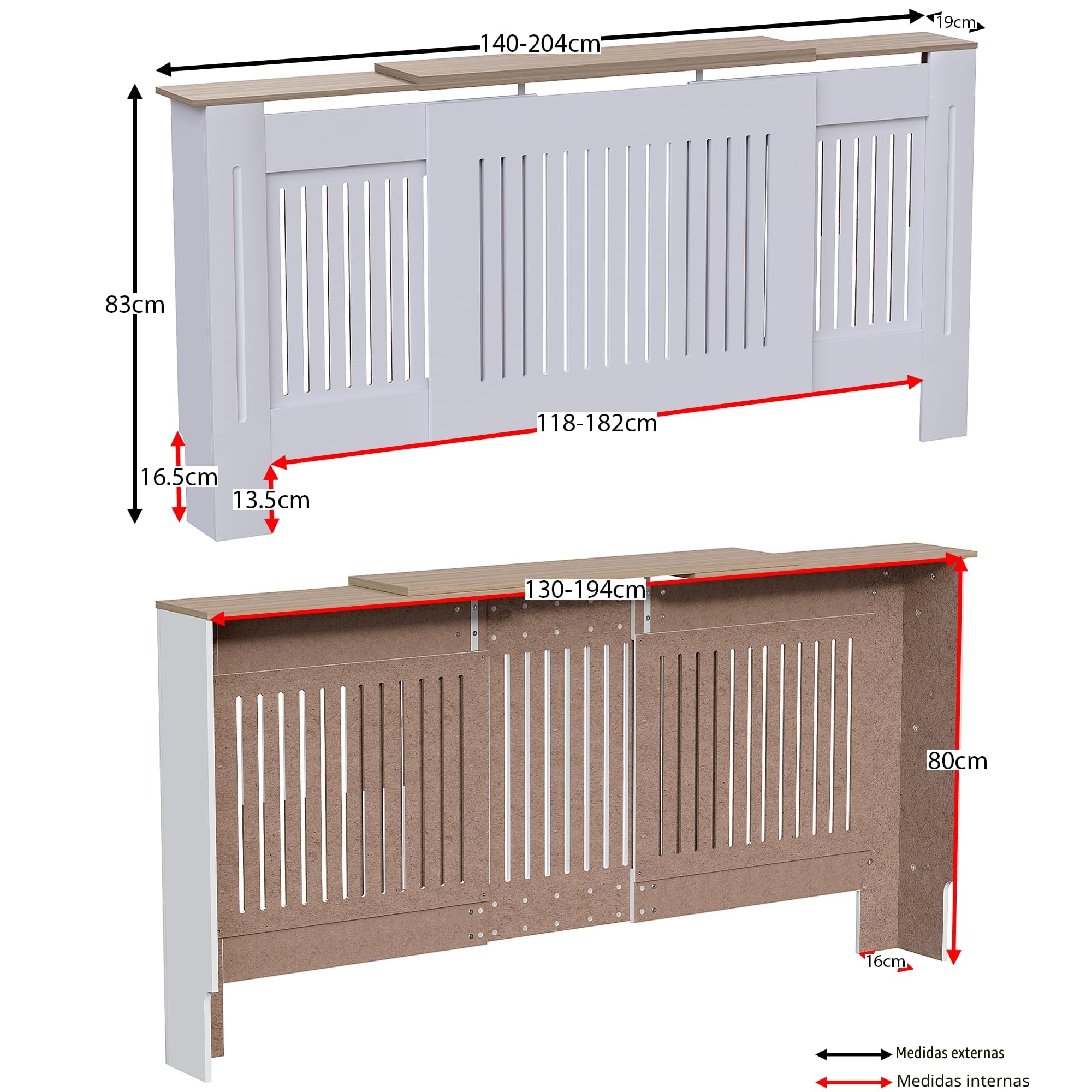 Vida Designs Arlington Cubierta de radiador Blanco - Ajustable - Estilo Shaker Moderno con Lamas Verticales para Mejor circulación del Calor - H83xW140-204xD19cm - MDF Pintado para salón y Pasillo
