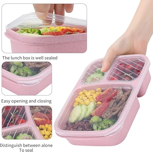 Miniatura 3 de buluker Juego de 8 cajas de almuerzo Bento, 3 compartimentos, paja de trigo, recipientes de almacenamiento de alimentos, de plástico, aptas para