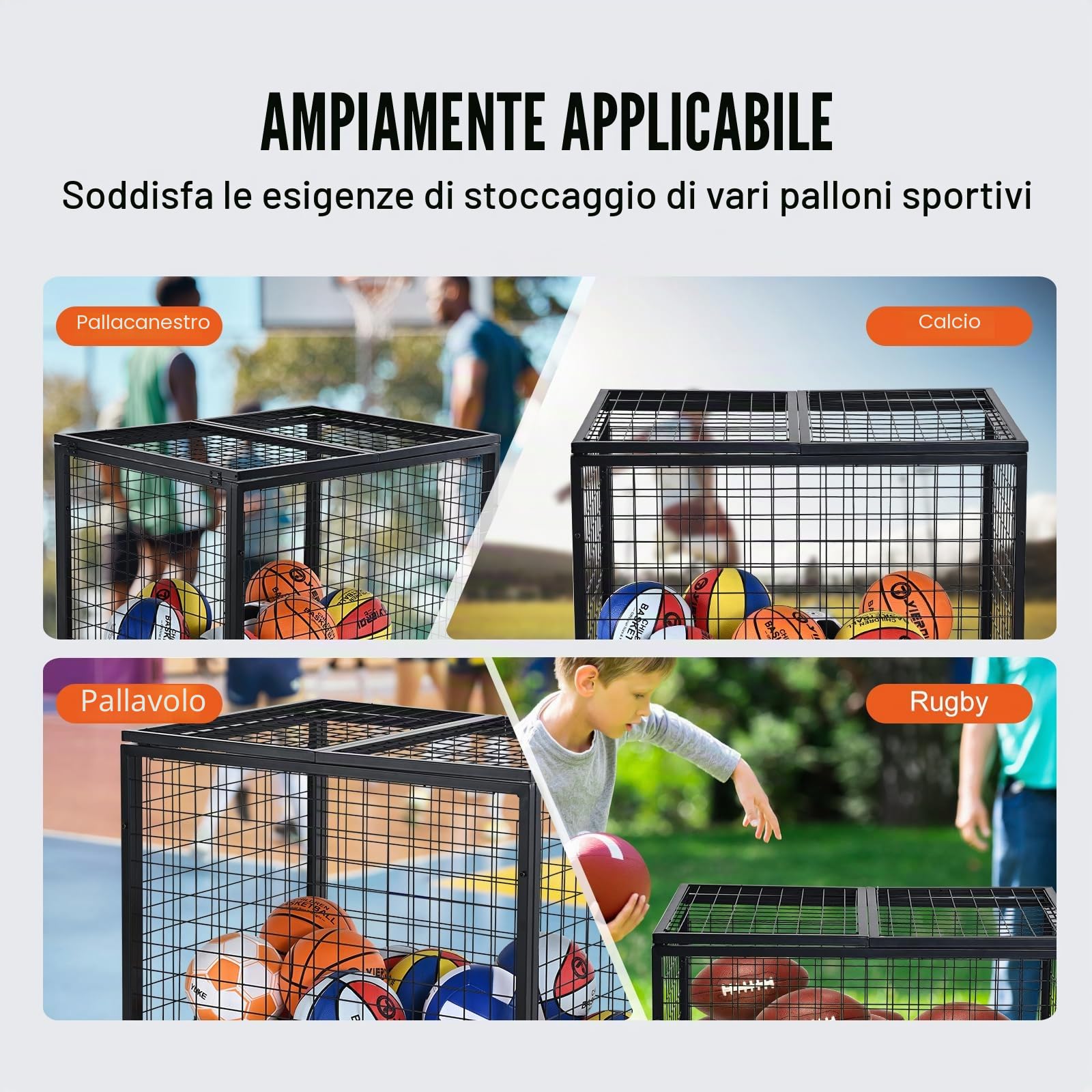 VEVOR Carrello Portaoggetti per Palline Sportive, Gabbia da Basket con Chiusura a Chiave con Doppi Coperchi, Organizzatore Porta Attrezzi Sportivi per Interni ed Esterni, Rastrelliera in Acciaio