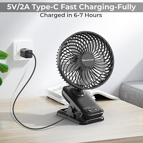 Miniatura 7 de Ventilador con clip de 10000 mAh, funcionamiento de 42 horas, ventilador de mesa silencioso y oscilante automático, recargable con 4 potentes
