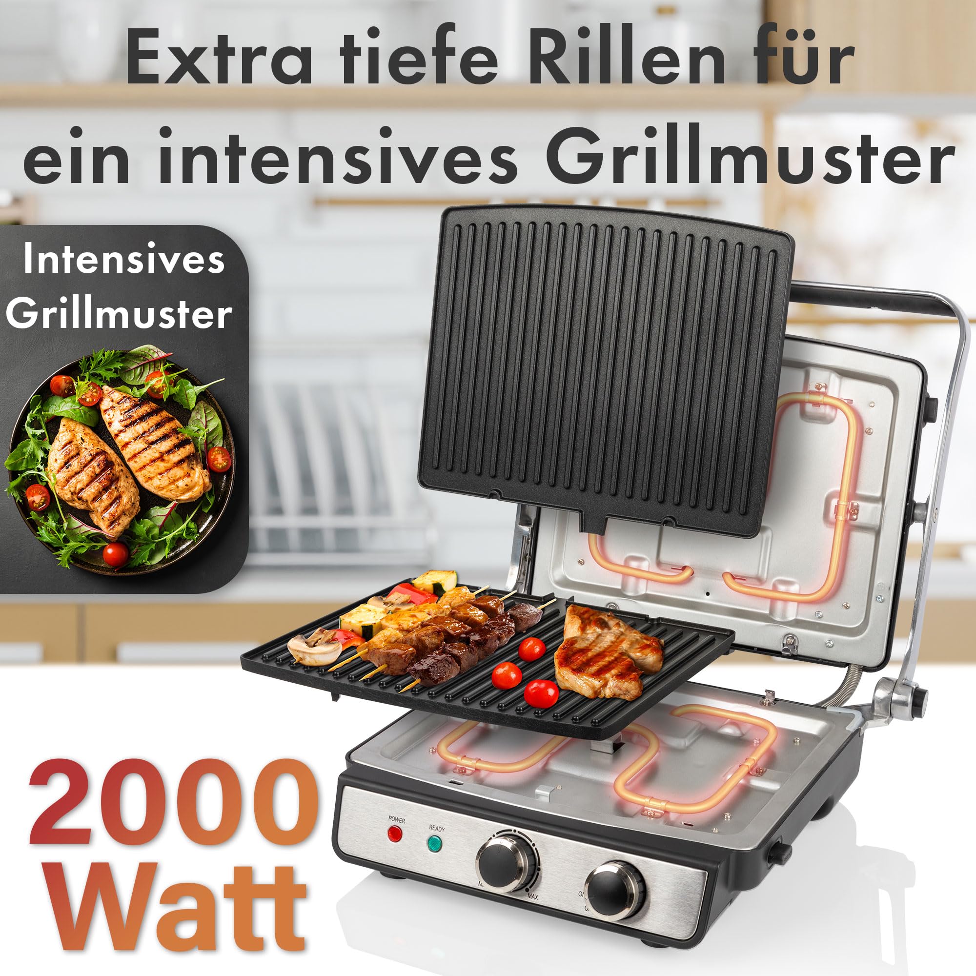 ProfiCook® Kontaktowy Grill Elektryczny do Beztłuszczowego Grillowania Panini, Steków, Tostów | Bezstopniowo Regulowany Termostat | Otwór 180° | 2000 W