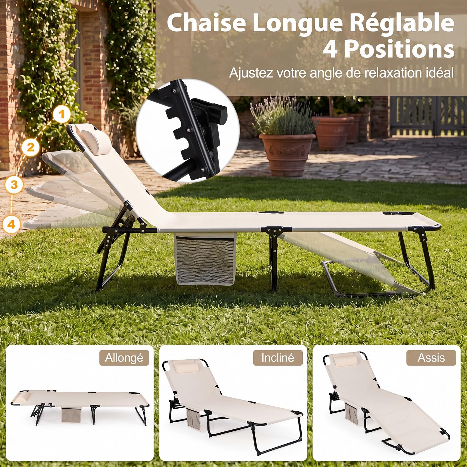 COSTWAY Bain de Soleil Pliable, Dossier à 4 Positions, Matelas Épais Amovible, Chaise Longue Jardin, Oreiller, Poche Latérale, Sangle, Transat pour Camping Piscine Bureau, Charge 120 kg (Beige)