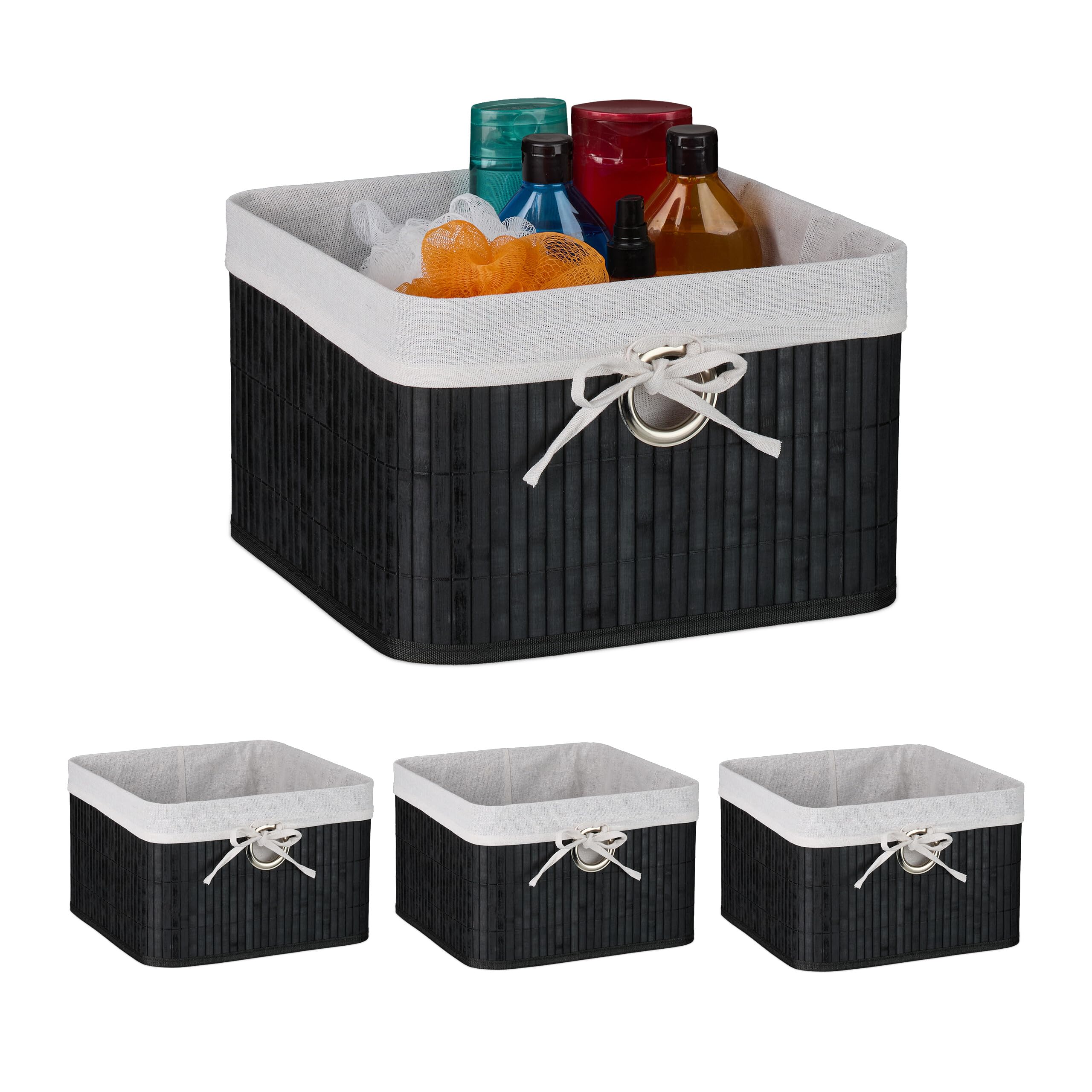 Relaxdays Set 4 Cestas de Almacenaje, Bambú, Forro de Tela, 20 x 31 x 31 cm, Cestitas con Agujero para Asa, Negro