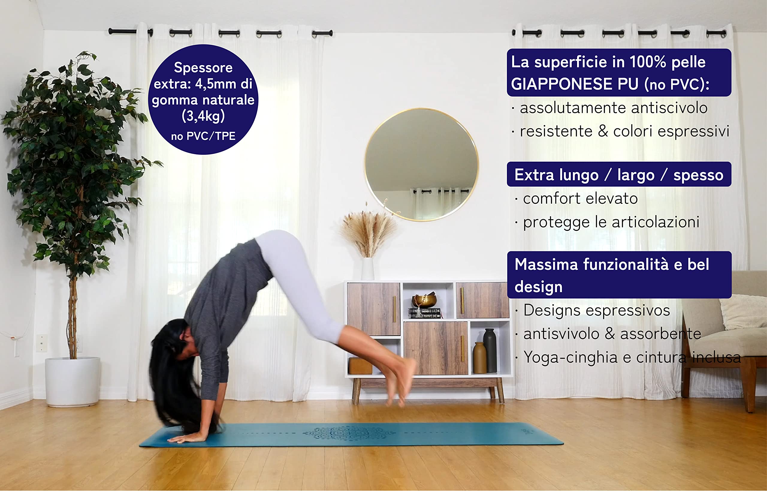 Tappetino yoga: superficie antiscivolo in vera gomma naturale e massima aderenza, tappeto yoga extra largo, lungo e spesso (185x68x0,45cm), cinghia di trasporto, tappetino pilates, yoga mat