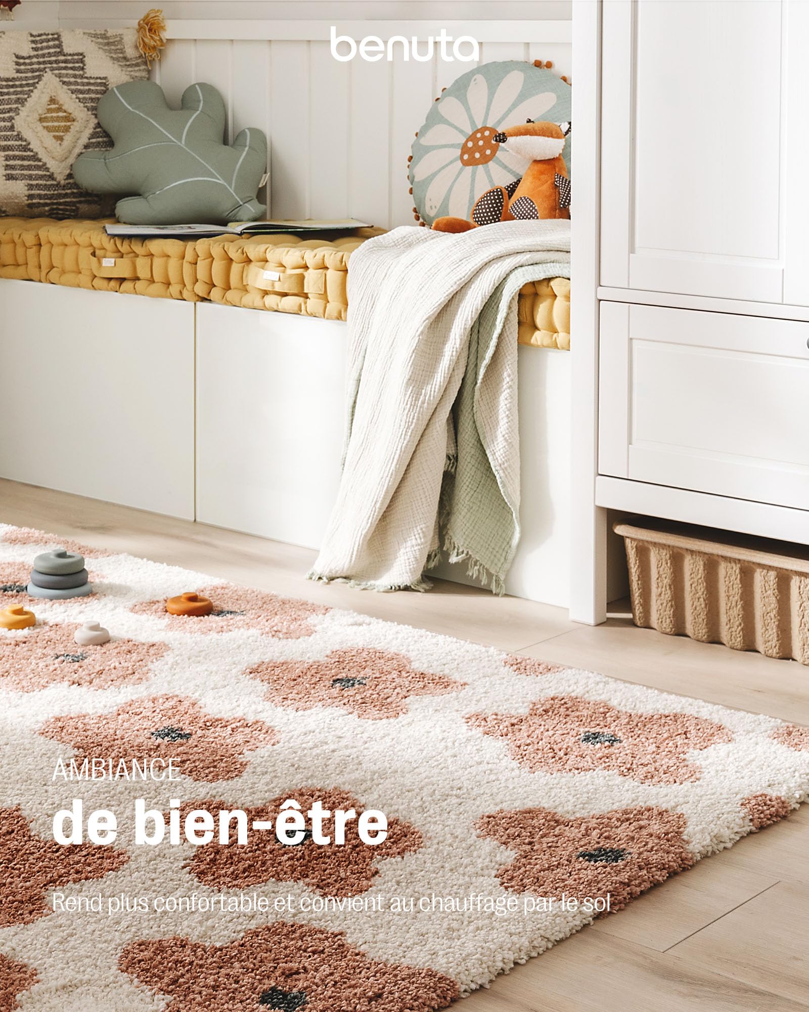 benuta Lytte Tapis Enfant Chambre Gobi - Rose 80x150 cm - Fausse Fibre - Rectangulaire Style: Motifs Bebe, Scandi - Facile Entretien - pour Salon, Bureau, Couloir
