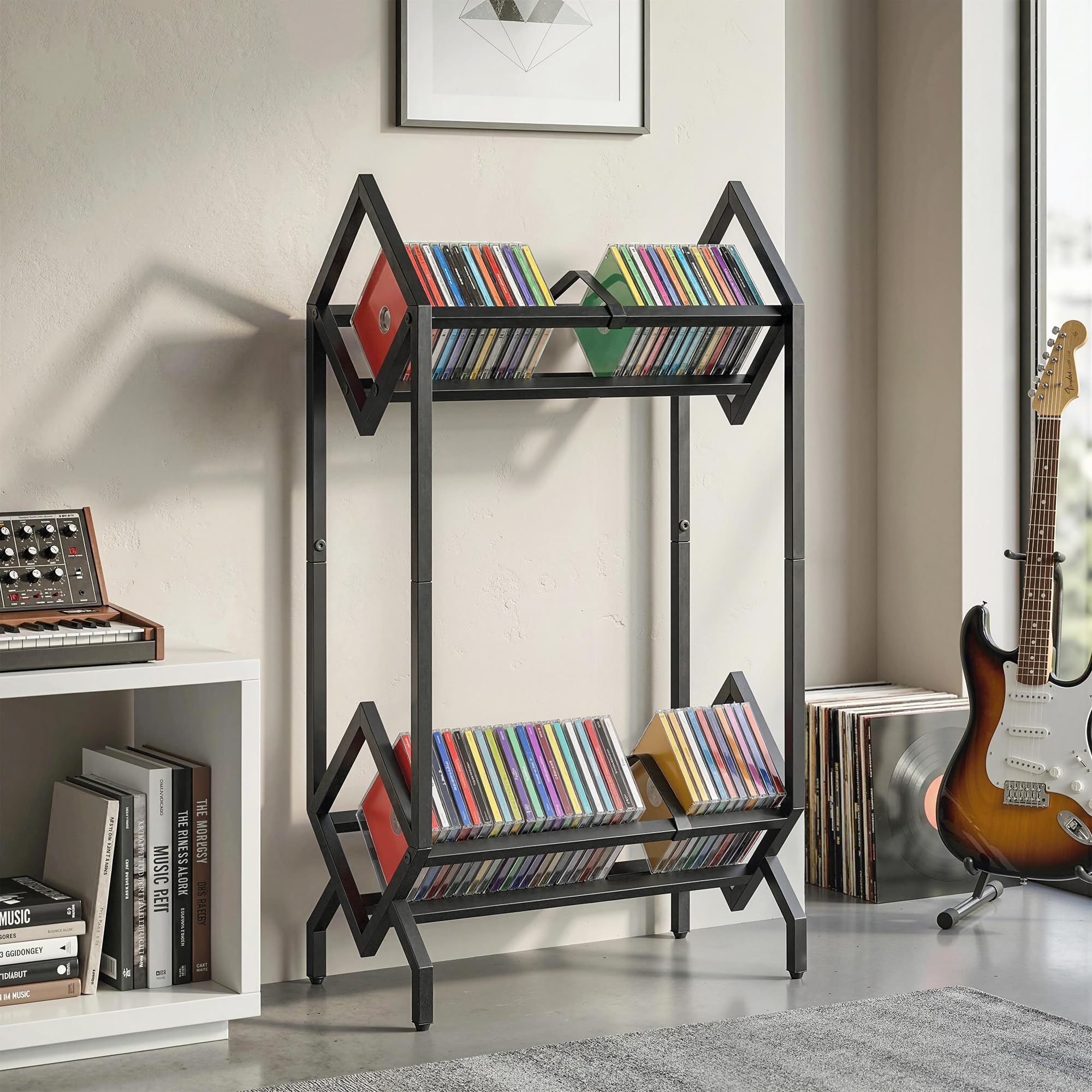 Meuble porte-CD HOMCOM à 2 niveaux en métal, étagère pouvant contenir 50 CD, peu encombrante, meuble porte- pour DVD et livres, pour le salon, la chambre à coucher ou le bureau, 45,2 x 25,4 x 80