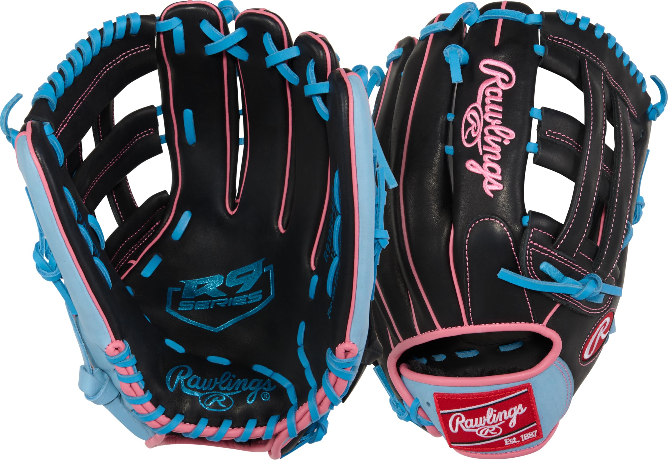 Rawlings | R9 Series Baseball Glove | 12.75" | Right Hand Throw | Black/Columbia Blue/Pink