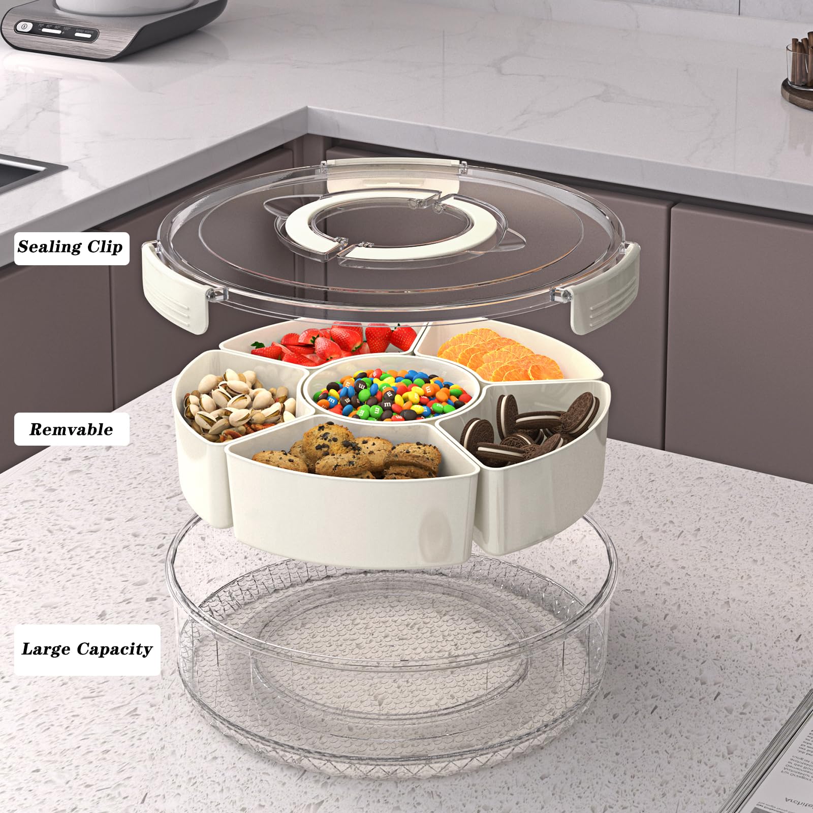 Plateau de service rotatif divisé avec couvercle et poignée, récipient alimentaire portable avec 6 compartiments – Parfait pour les repas, les collations et les voyages – Design facile à