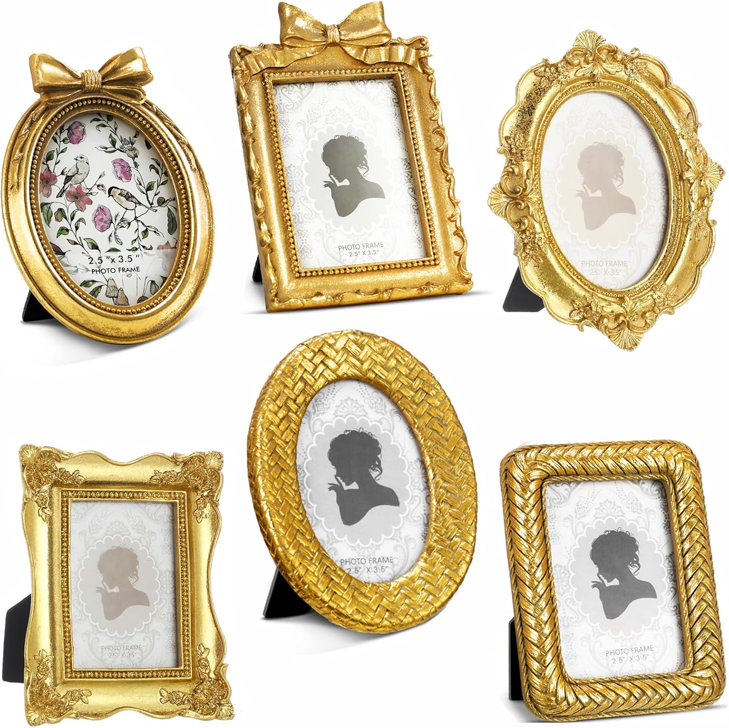 Vicenpal 6 Pcs Tiny Picture Frame Small Picture Oval Frames Gold Vintage Baroque Ornate Antique Resin Oval Table Display for Home Wedding (Retro Style)