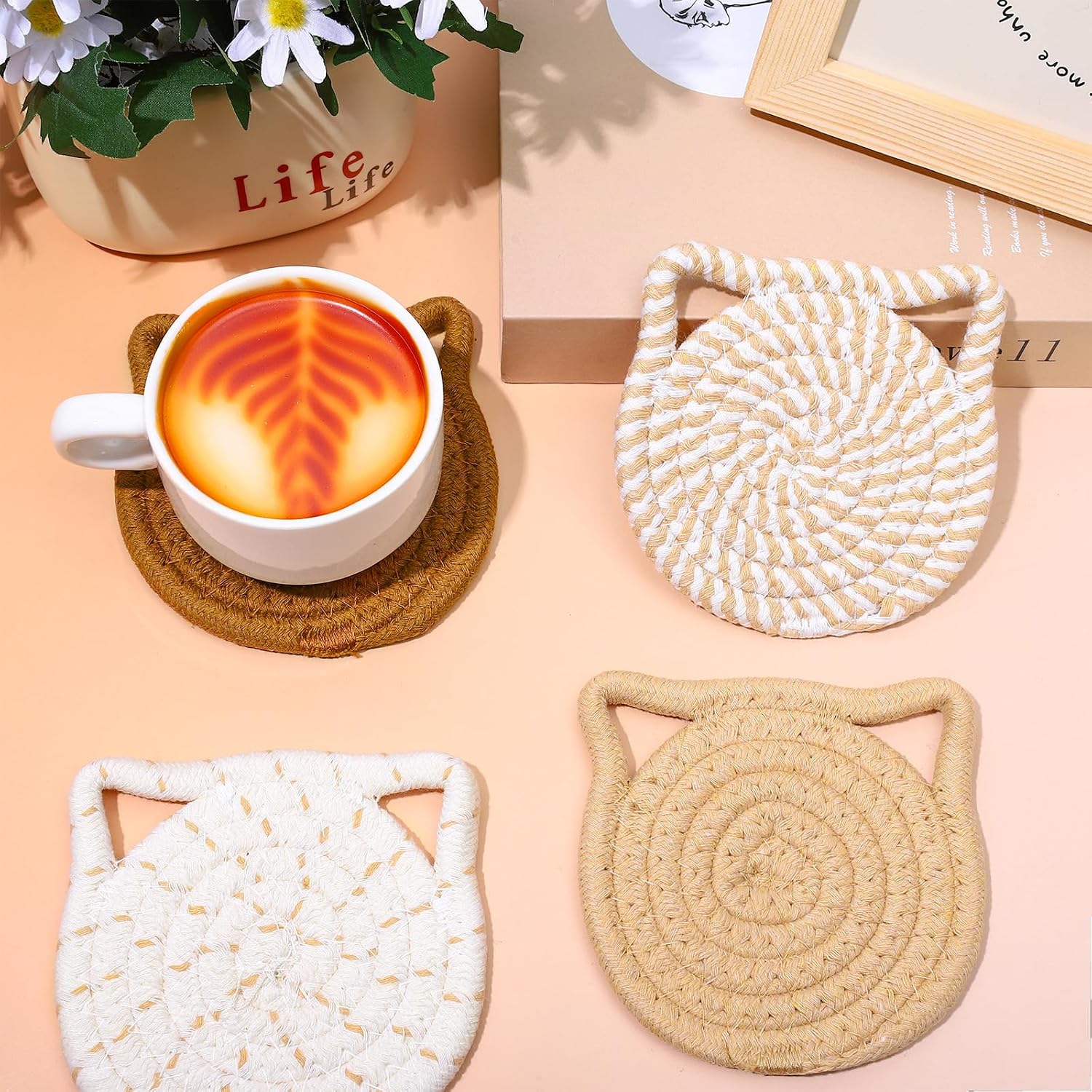Whaline Cat Ear Coasters Set Brown White Handmade Braided Cotton Coasters Non-Slip Absorbent Drink Coaster with Holder for Fall Autumn Christmas Table Protection Housewarming Gift Home Decor, 4Pcs
