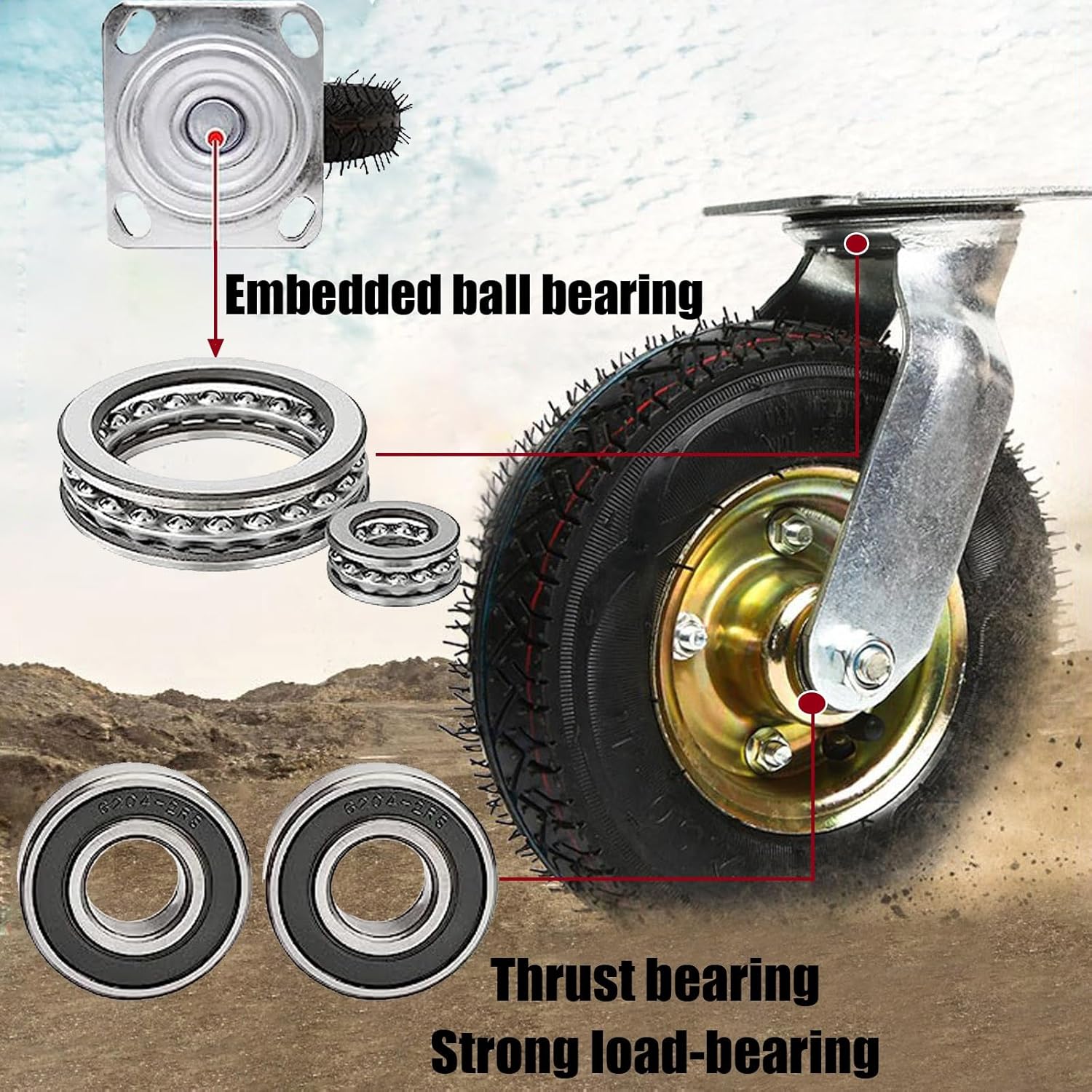 Heavy Duty Rubber Caster Wheel, Swivel Castors, 2 Swivel, Fixed Pneumatic Shock Absorption, Highly-Elastic, with Screws, Wheelbarrow Tires, for Garden Carts
