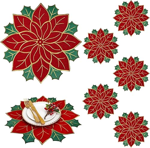 Fixwal Juego de 6 manteles individuales de Navidad, apliques de flor de pascua, de 15 pulgadas, doble capa, bordados en rojo y verde, para Navidad,