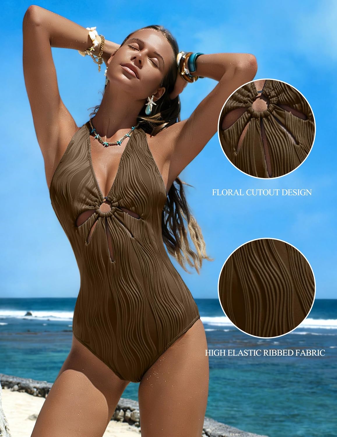 Swim Suits for Women Ribbed Floral Cutout Sexy One Piece Swimsuit Tummy Control Slimming V Neck O Ring Bathing Suit XS-XL - Image 4