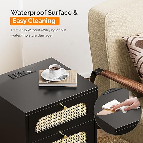 Miniatura 7 de VINGLI Mesita de noche de ratán de madera bohemia con 3 cajones mesita de noche de mimbre natural para dormitorios mesa auxiliar de bastón blanco 19