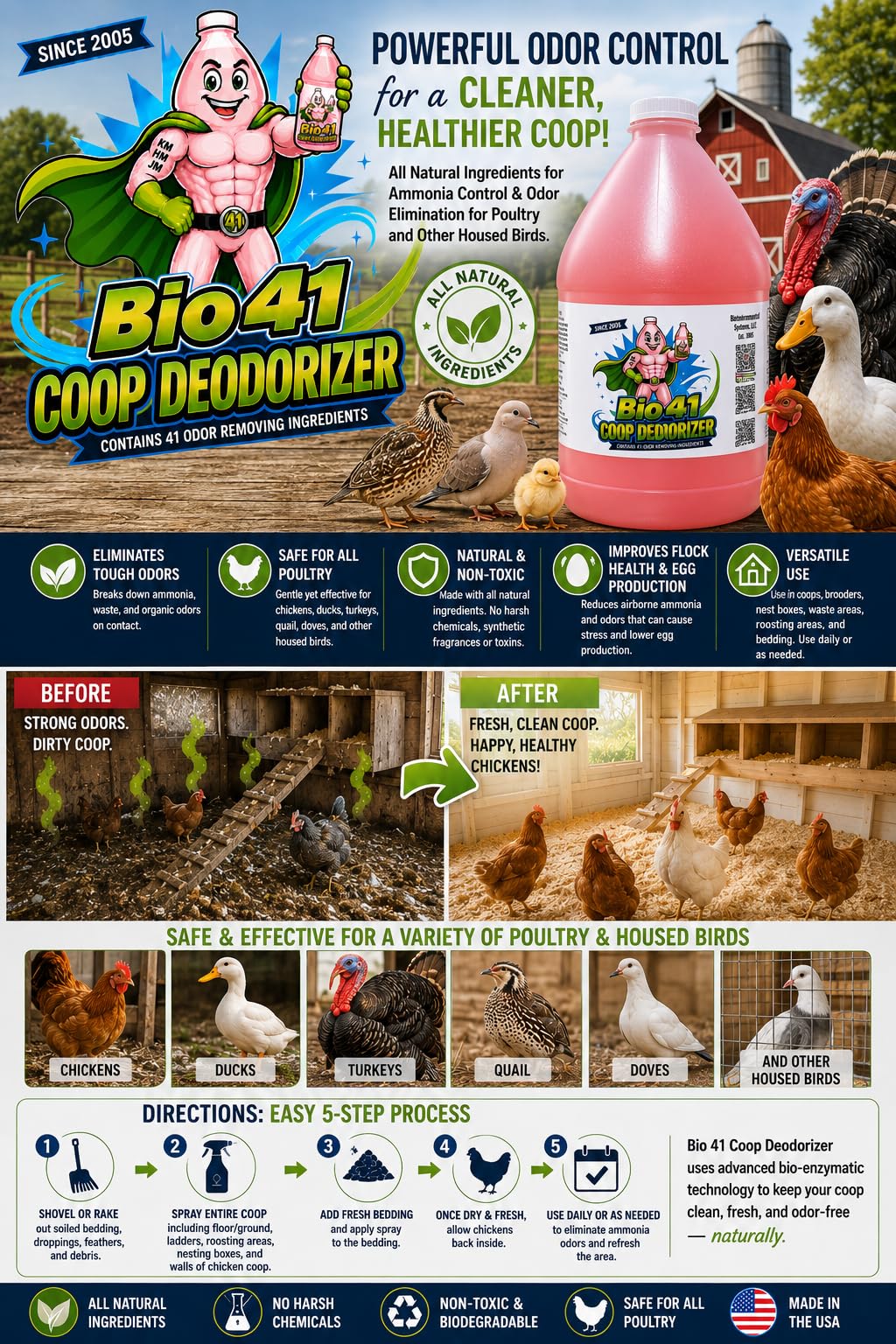 Desodorante de gallinero, todos los ingredientes naturales para el control de amoníaco y eliminador de olores para aves de corral, funciona en cocineros, criadoras, cajas siguientes, áreas de desechos