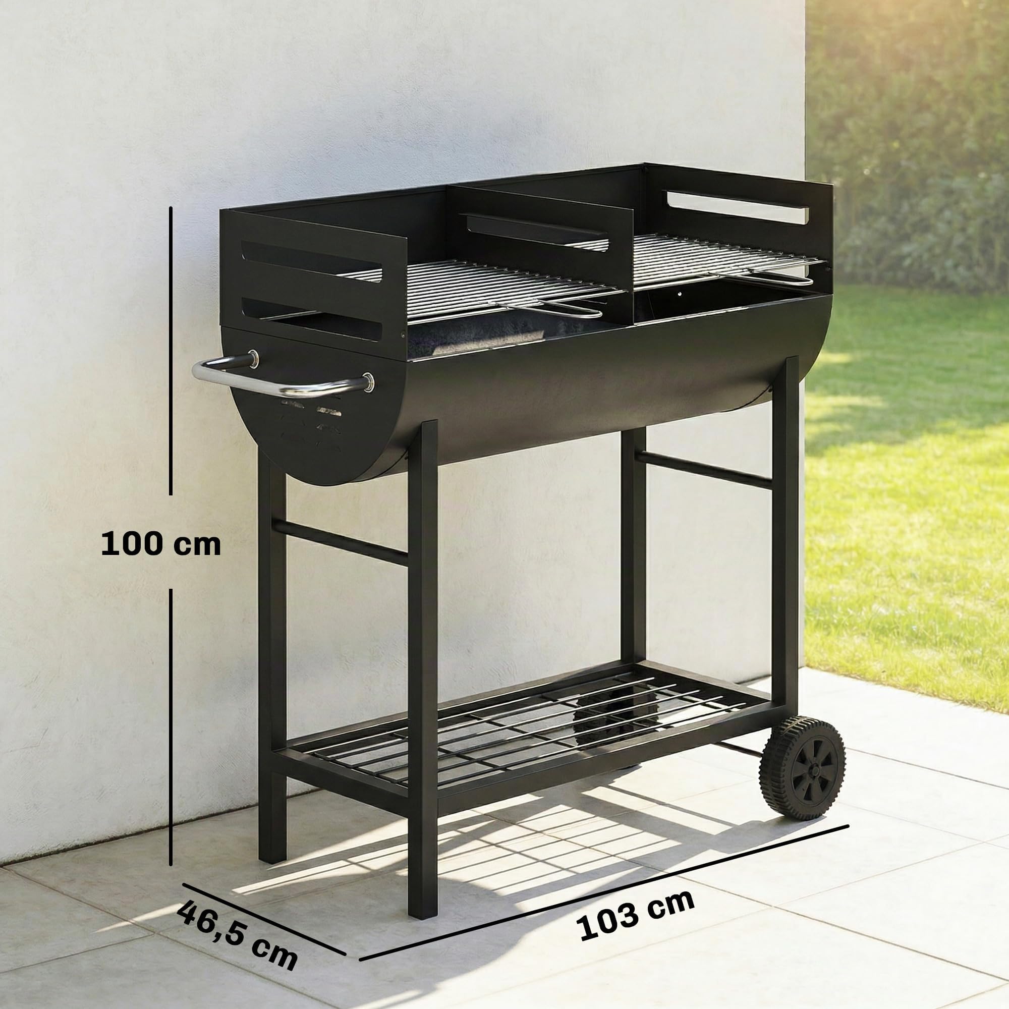 Outsunny Barbecue à charbon de bois avec chariot de barbecue à 2 zones de cuisson, grille réglable en hauteur, étagère en bois, roues, poignée latérale, barbecue à charbon de bois portable pour