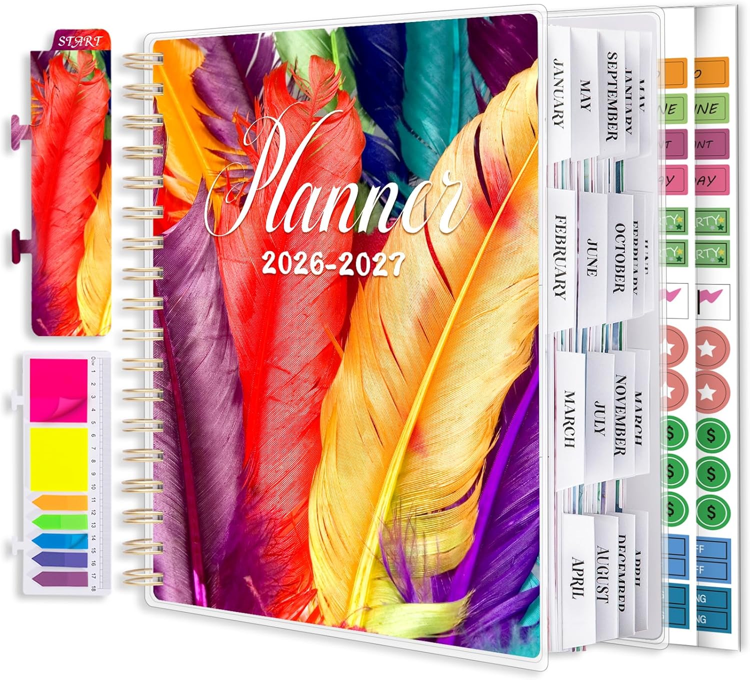 Planner 2026-2027, Large 18 Months Academic Daily Weekly Monthly Planner Yearly Agenda Jan. 2026–June. 2027, 7.9" x 9.8", Page Tabs, Separator Page, Pocket Folder, Bookmark, Stickers, Sticky Note Set Colorful Feather