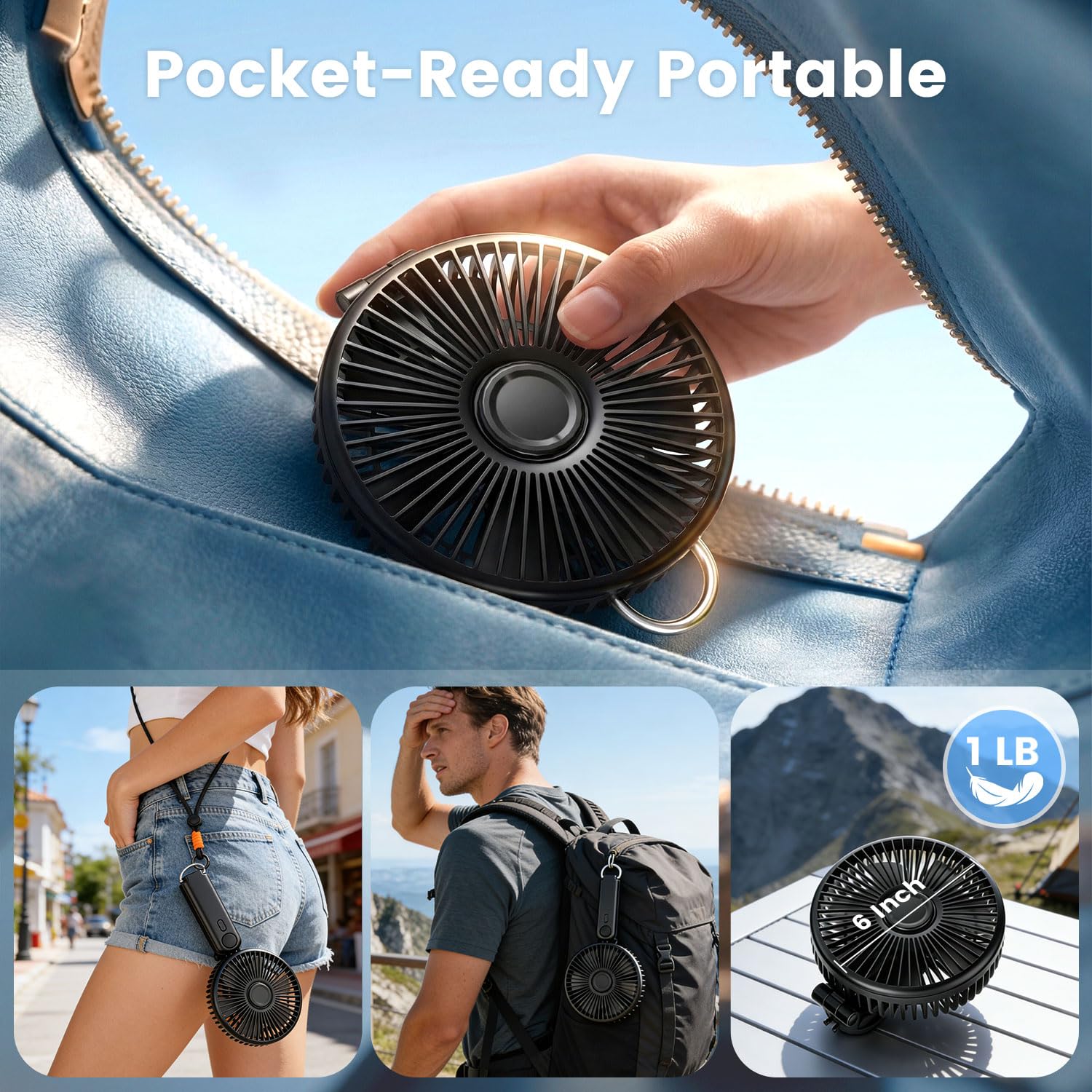 Ventilateur USB Portable, Ventilateur à Main Rechargeable USB 10000mAh Max 40 Heures, Écran LED, Ultra Silencieux, 5 Vitesse Ventilateur de Table Pliable pour Bureau Voyage Camping